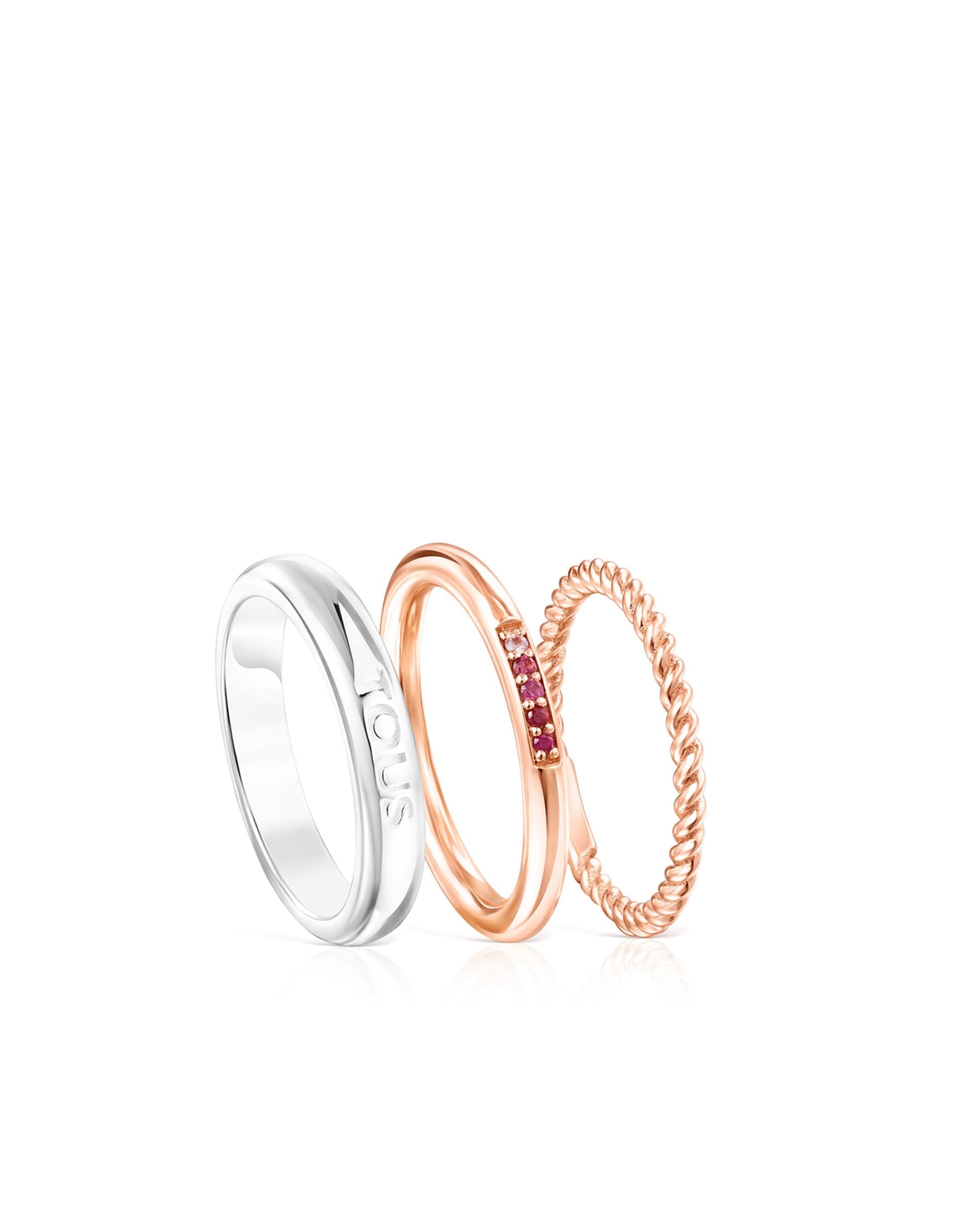 Pack de Anéis Ring Mix em Prata e Prata Vermeil Rosa com Safira Rosa Rosa-1