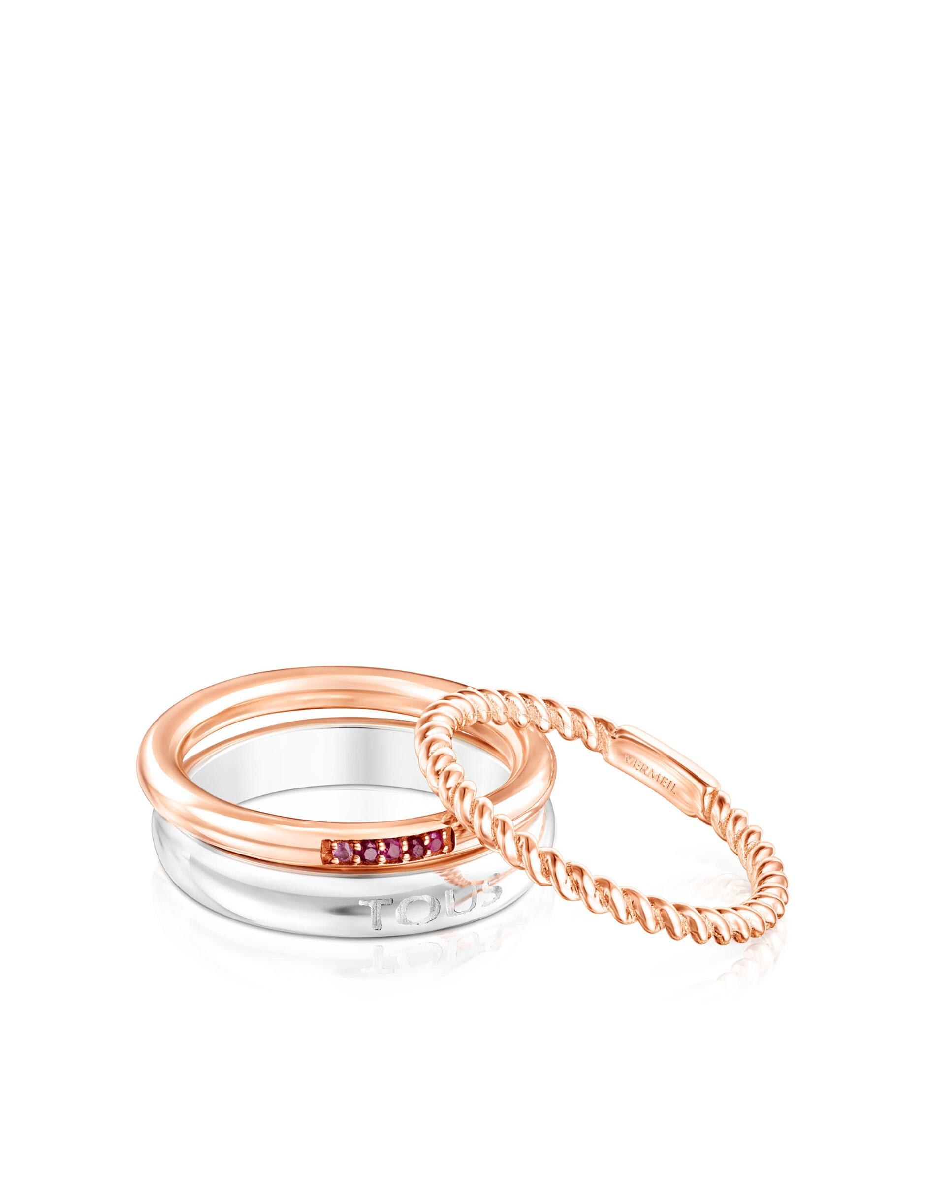 Pack de Anéis Ring Mix em Prata e Prata Vermeil Rosa com Safira Rosa Rosa-2