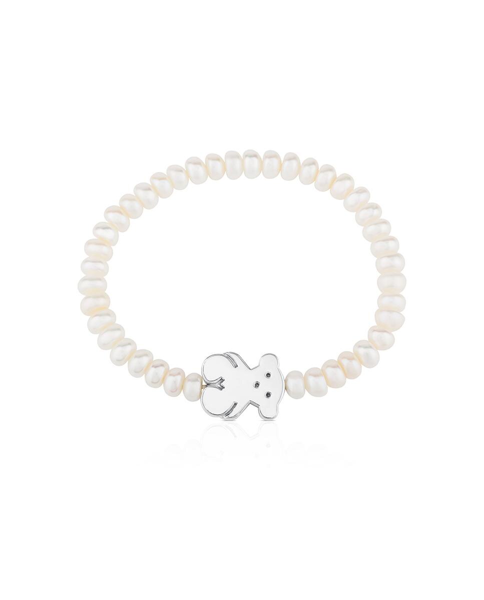 Pulseira Sweet Dolls de Pérolas com Urso de Prata Branco-3