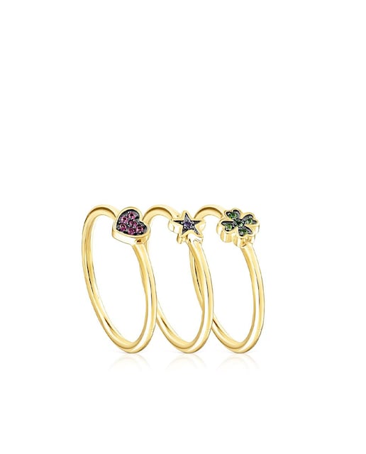 Imagem 0 de Set de Três Anéis Teddy Bear Stars Banhados em Ouro de 18 Kt Sobre Prata