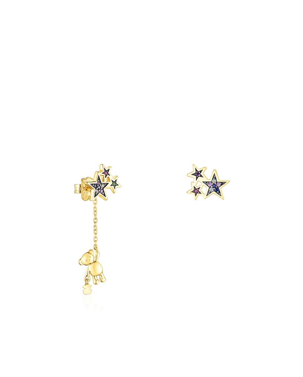 Imagem 0 de Brincos Compridos Teddy Bear Stars Banhados a Ouro de 18 Kt Sobre Prata Assimétricos com Pedras