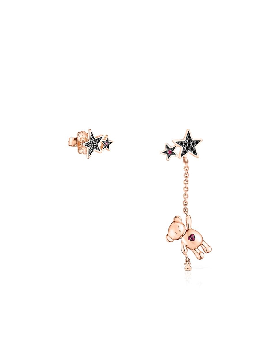 Brincos Teddy Bears Stars Curto e Comprido Banhados em Ouro de 18 Kt em Prateado Rosa Preto-1