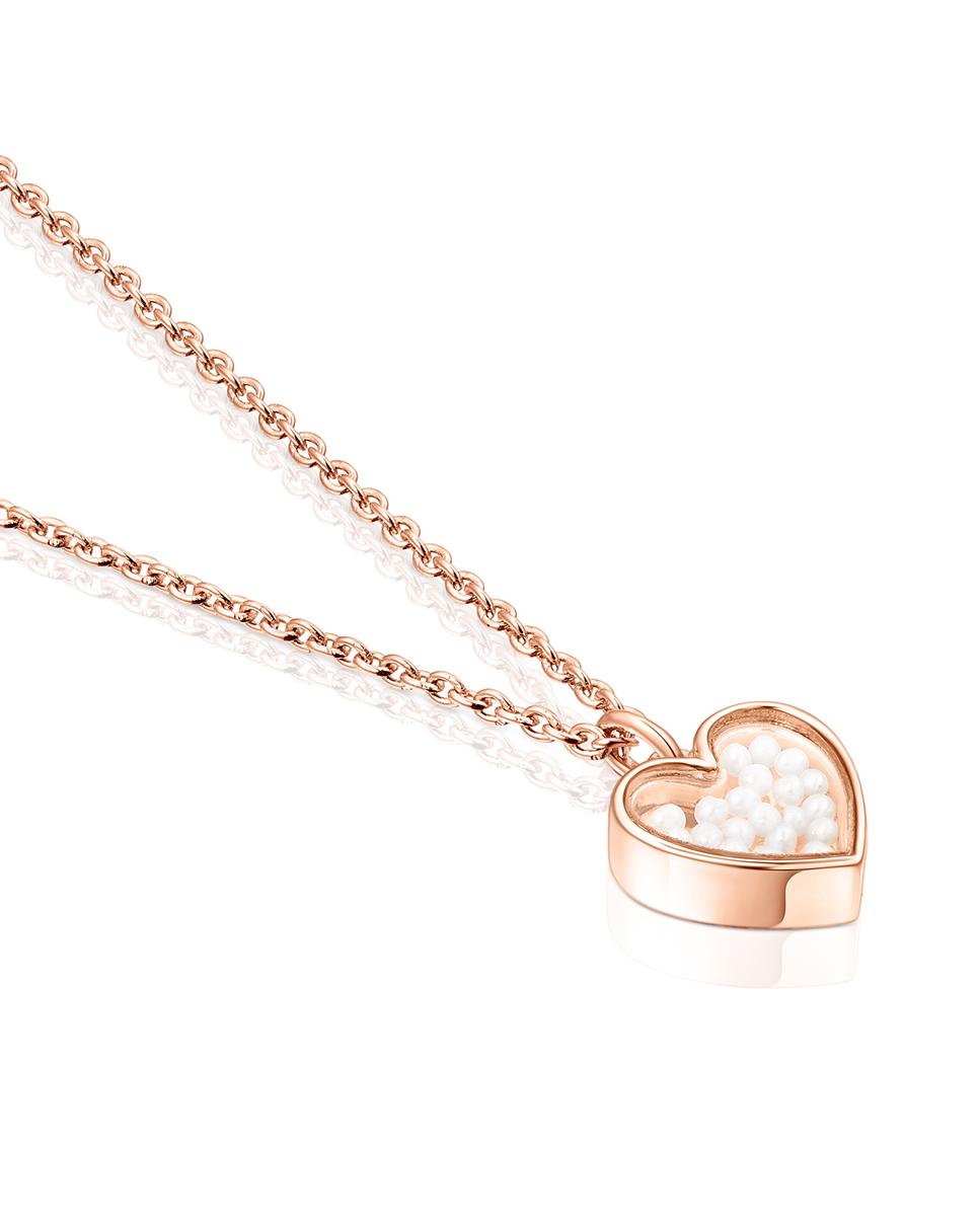 Colar Areia em Prata Vermeil Rosa e Pérolas Motivo Coração Branco-3