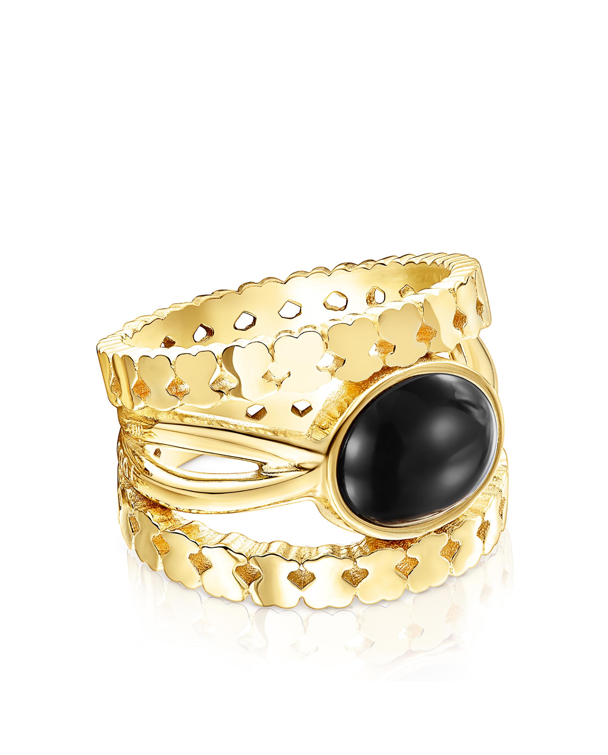 Anel Straight Banhado a Ouro de 18 Kt Sobre Prata com Duas Tiras de Ursos e Onyx Preto-1