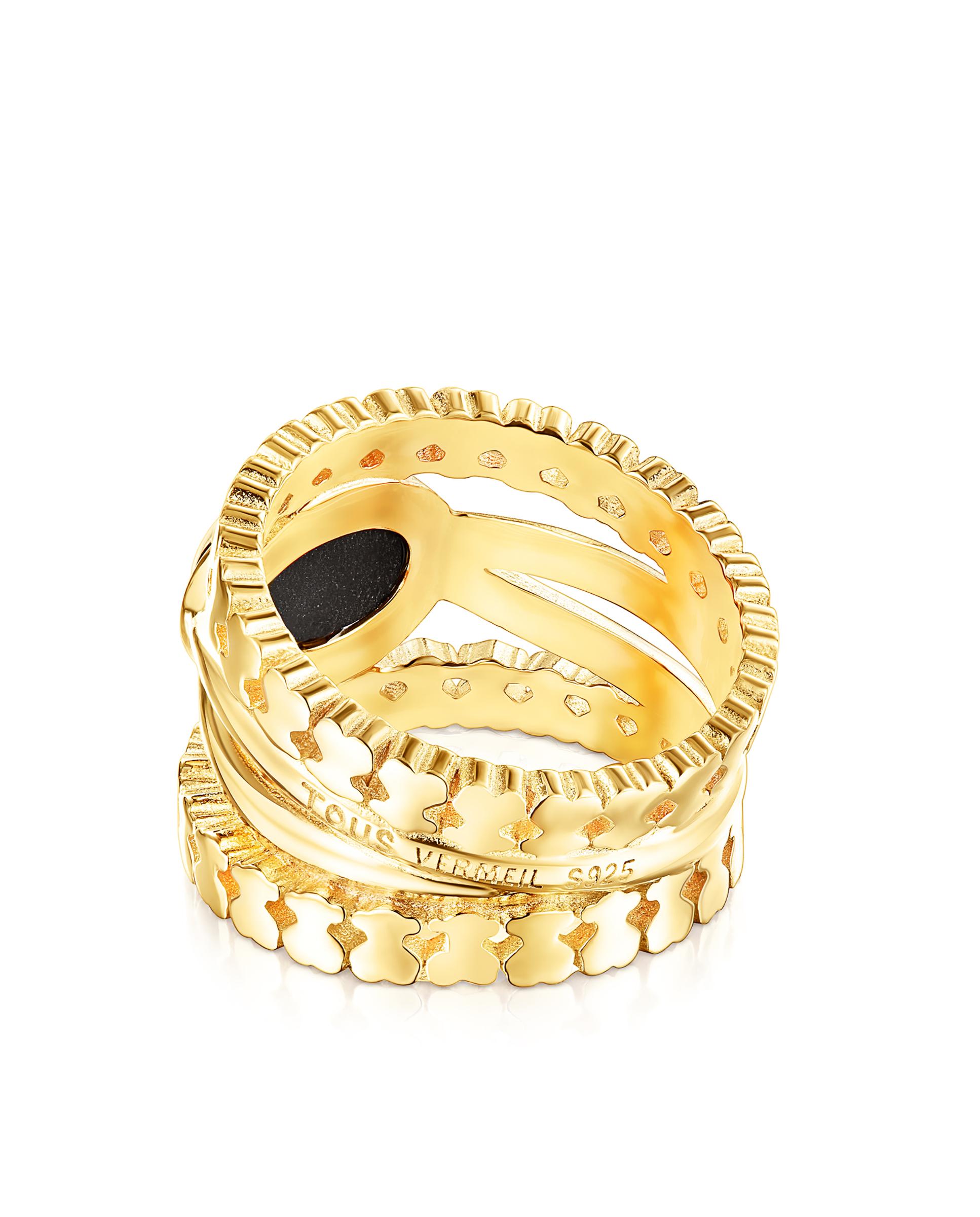 Anel Straight Banhado a Ouro de 18 Kt Sobre Prata com Duas Tiras de Ursos e Onyx Preto-2