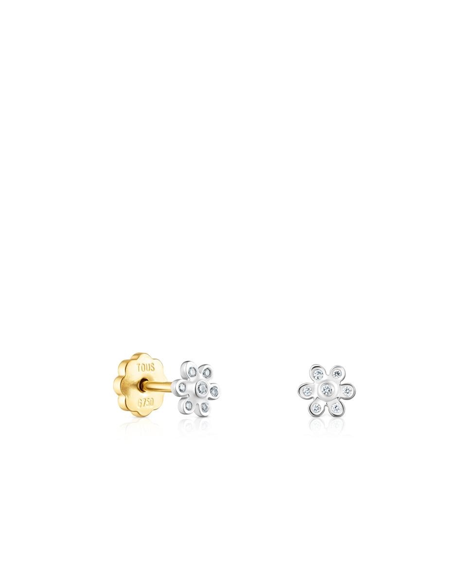 Brincos Puppies de Flores Botão de Ouro Branco e Diamantes Branco-1