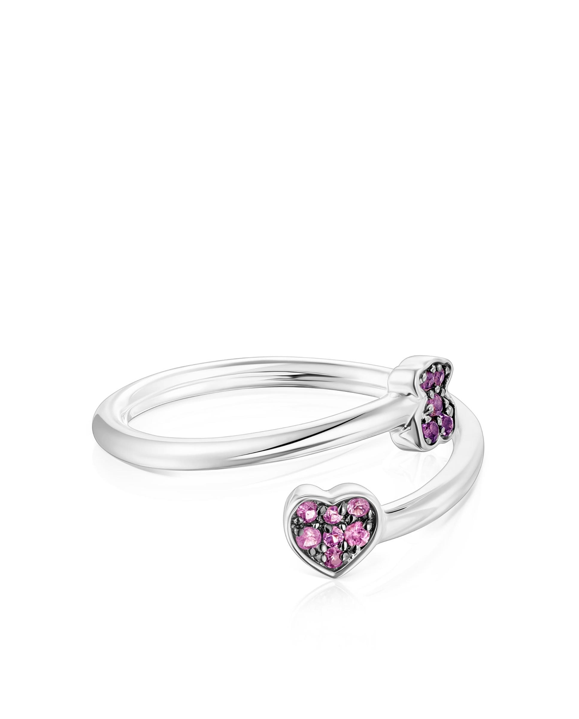 Anel New Motif Aberto em Prata com Motivos de Safiras e Ametistas Rosa-1