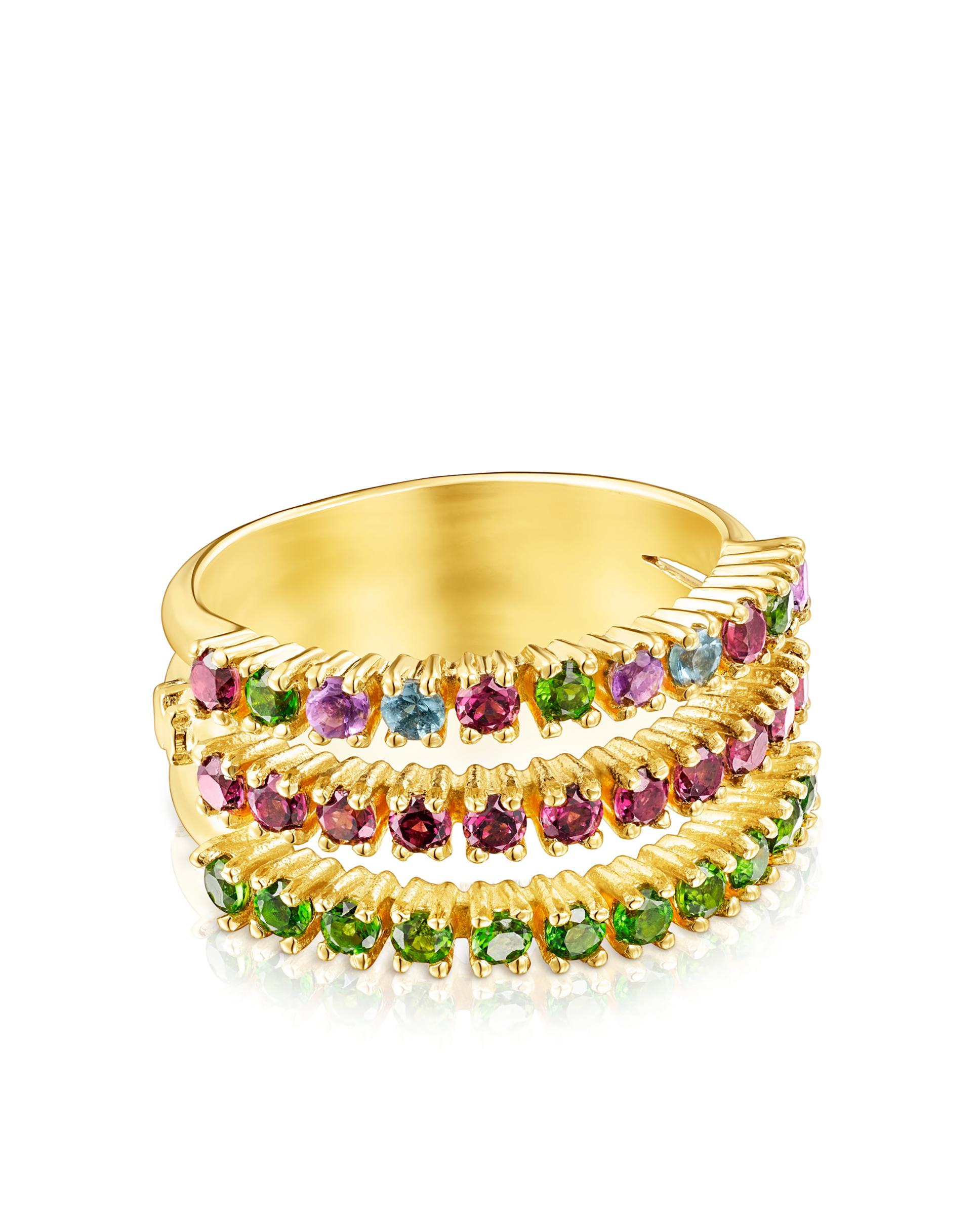 Anel Tous Straight Triplo Banhado a Ouro de 18 Kt Sobre Prata e Gemas Multicolor-1