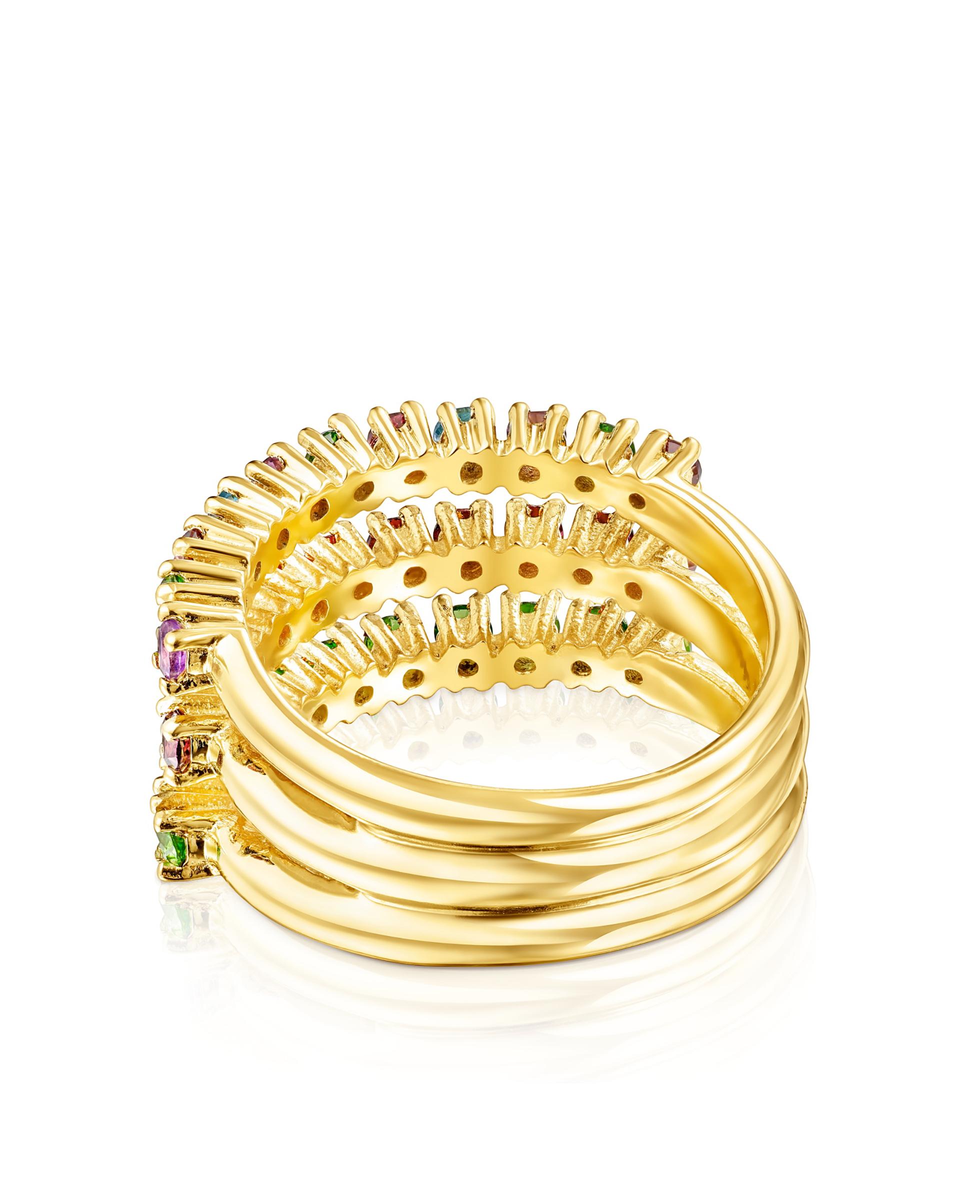 Anel Tous Straight Triplo Banhado a Ouro de 18 Kt Sobre Prata e Gemas Multicolor-2
