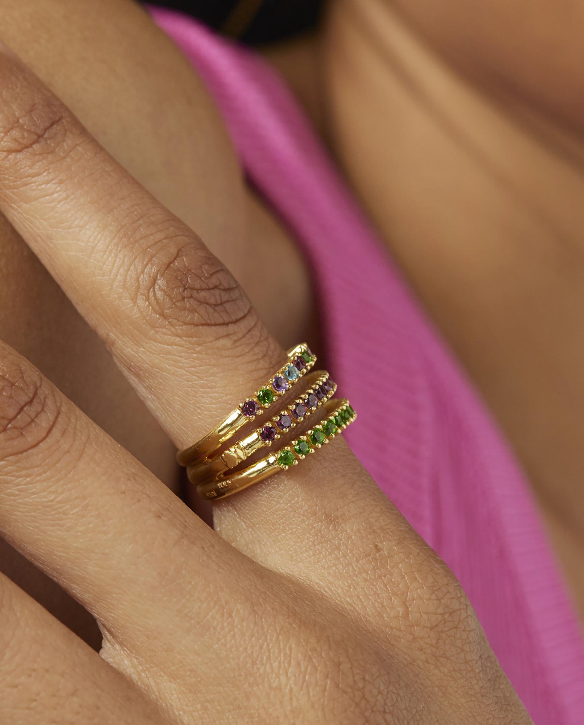 Anel Tous Straight Triplo Banhado a Ouro de 18 Kt Sobre Prata e Gemas Multicolor-5