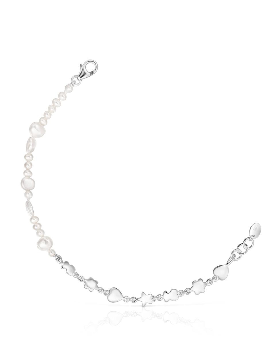 Pulseira de Corrente Mini Icons de Prata e Pérolas com Motivos Branco-1