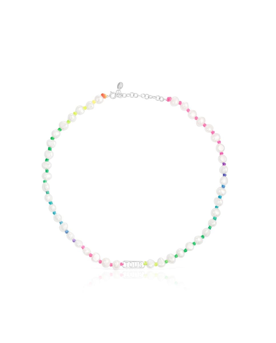 Colar com Logo de Nylon Multicolor, Prata e Pérolas Branco-1