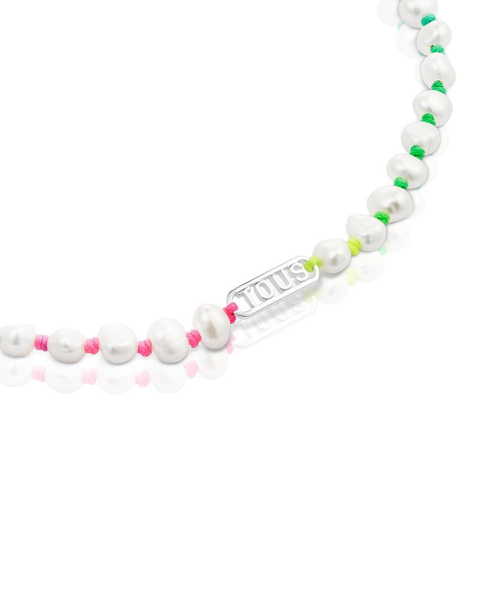 Colar com Logo de Nylon Multicolor, Prata e Pérolas Branco-2