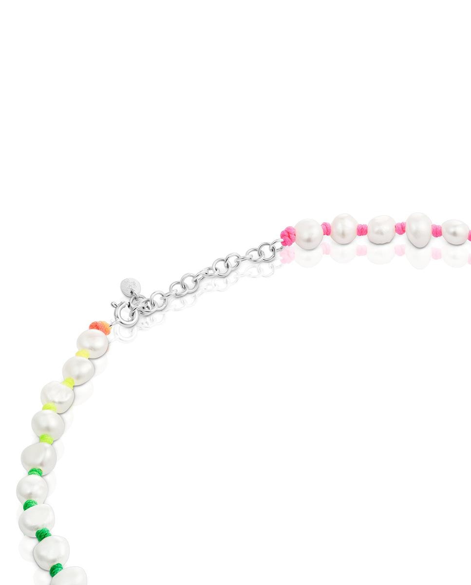 Colar com Logo de Nylon Multicolor, Prata e Pérolas Branco-3