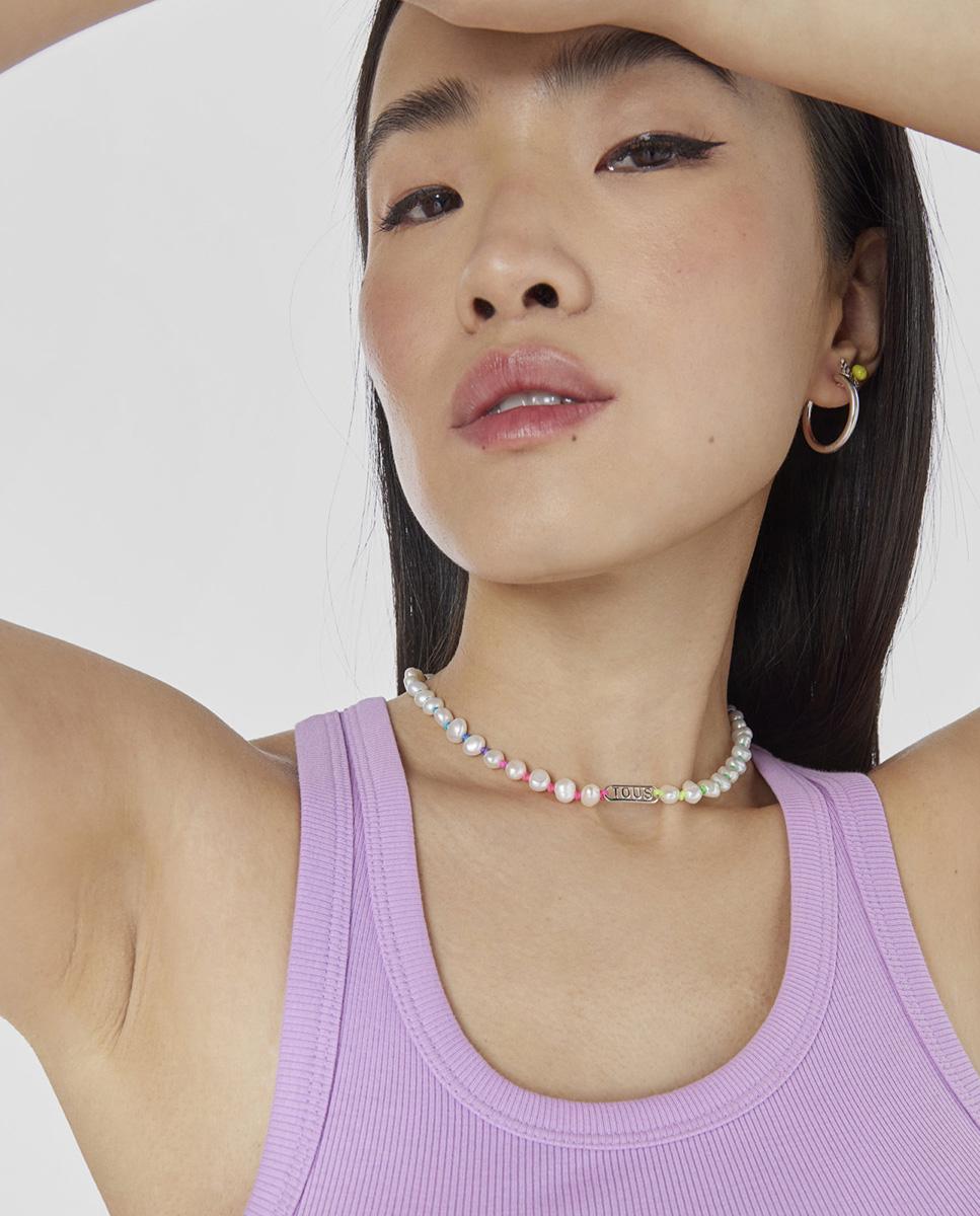 Colar com Logo de Nylon Multicolor, Prata e Pérolas Branco-4