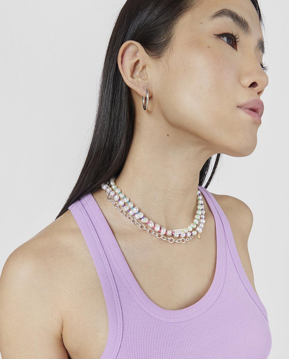 Colar com Logo de Nylon Multicolor, Prata e Pérolas Branco-5