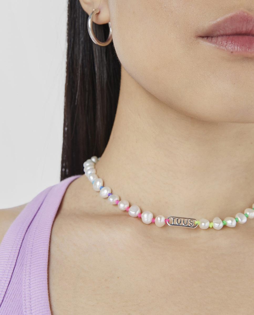 Colar com Logo de Nylon Multicolor, Prata e Pérolas Branco-6