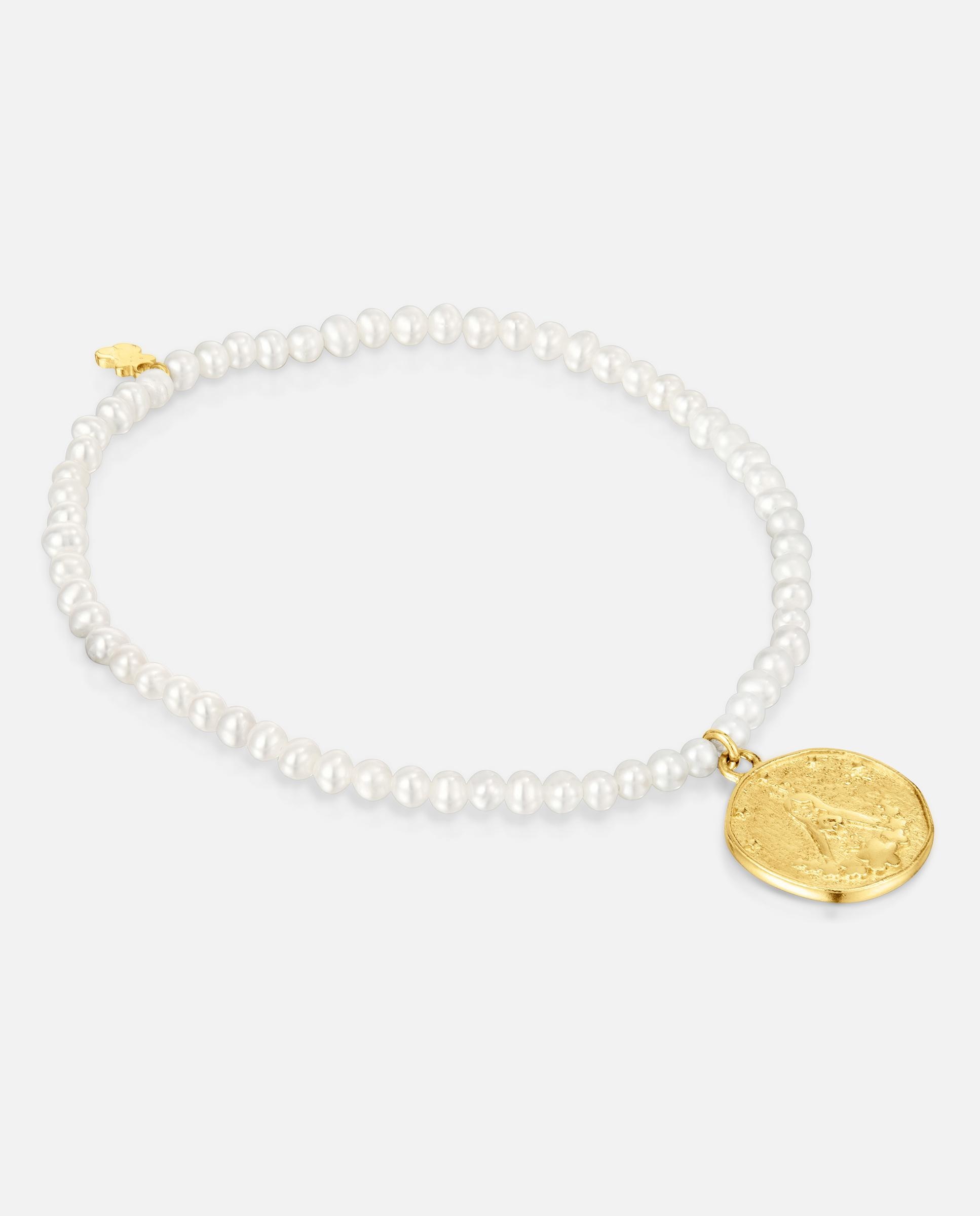 Imagem 0 de Pulseira Elástica de Pérolas Cultivadas e Medalha Banhada a Ouro 18 Kt Sobre Prata Virgem de Guadalupe Devoção