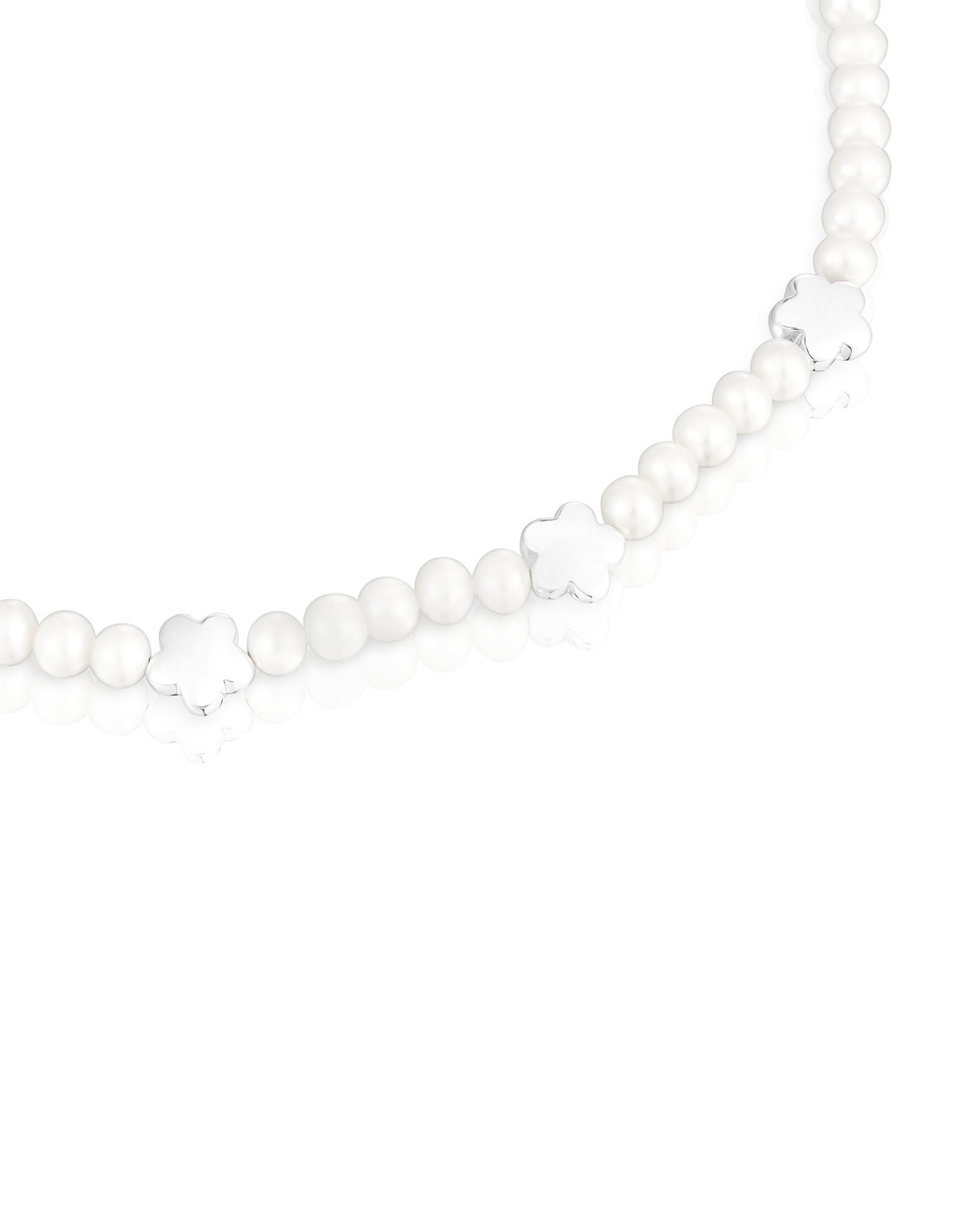 Colar Bold Motif com perolas e Motivos de Flor de Prata Branco-2