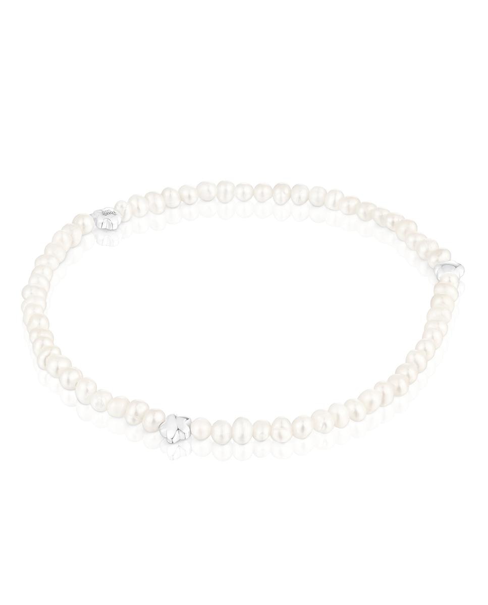 Pulseira Bold Motif Elástica com Pérolas e Flor de Prata Branco-1