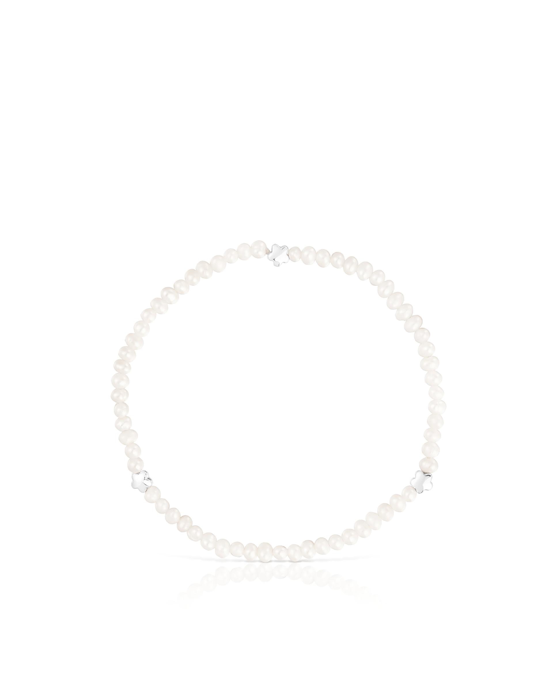 Pulseira Bold Motif Elástica com Pérolas e Flor de Prata Branco-2