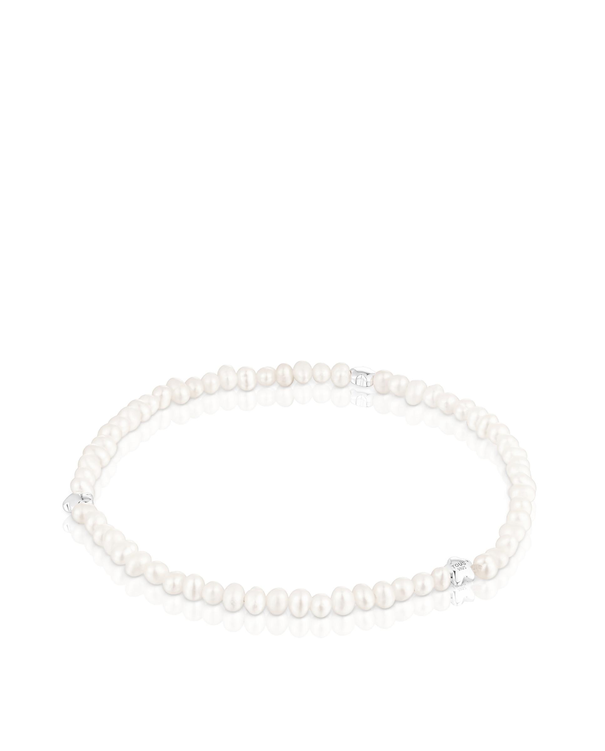 Pulseira Bold Motif Elástica com Pérolas e Flor de Prata Branco-3