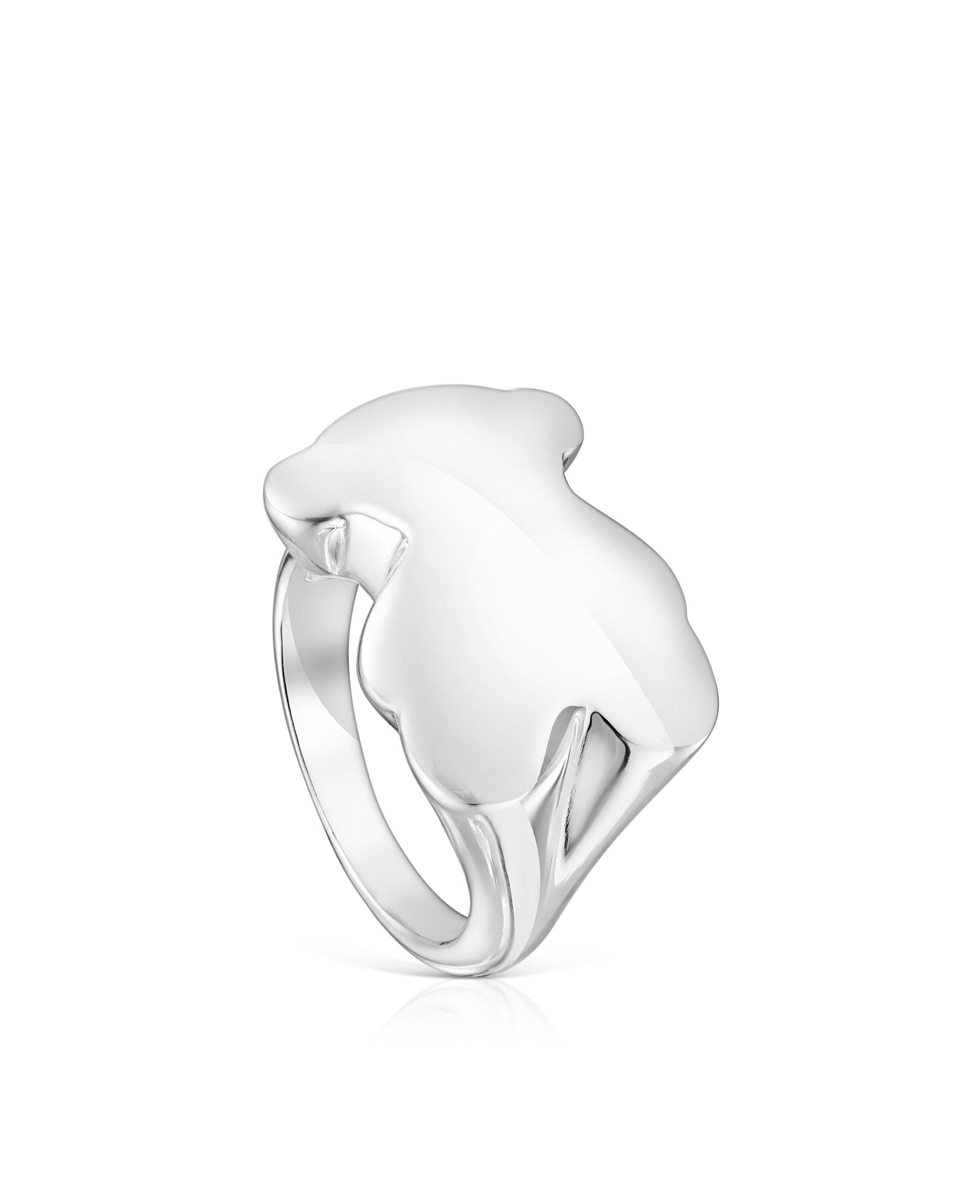 Anel Bold Motif Selo de Prata com Urso Prateado-3