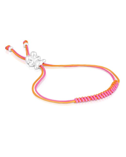 Imagem 0 de Pulseira Bold Bear de Cordão com Urso de Prata - Fúcsia e Laranja