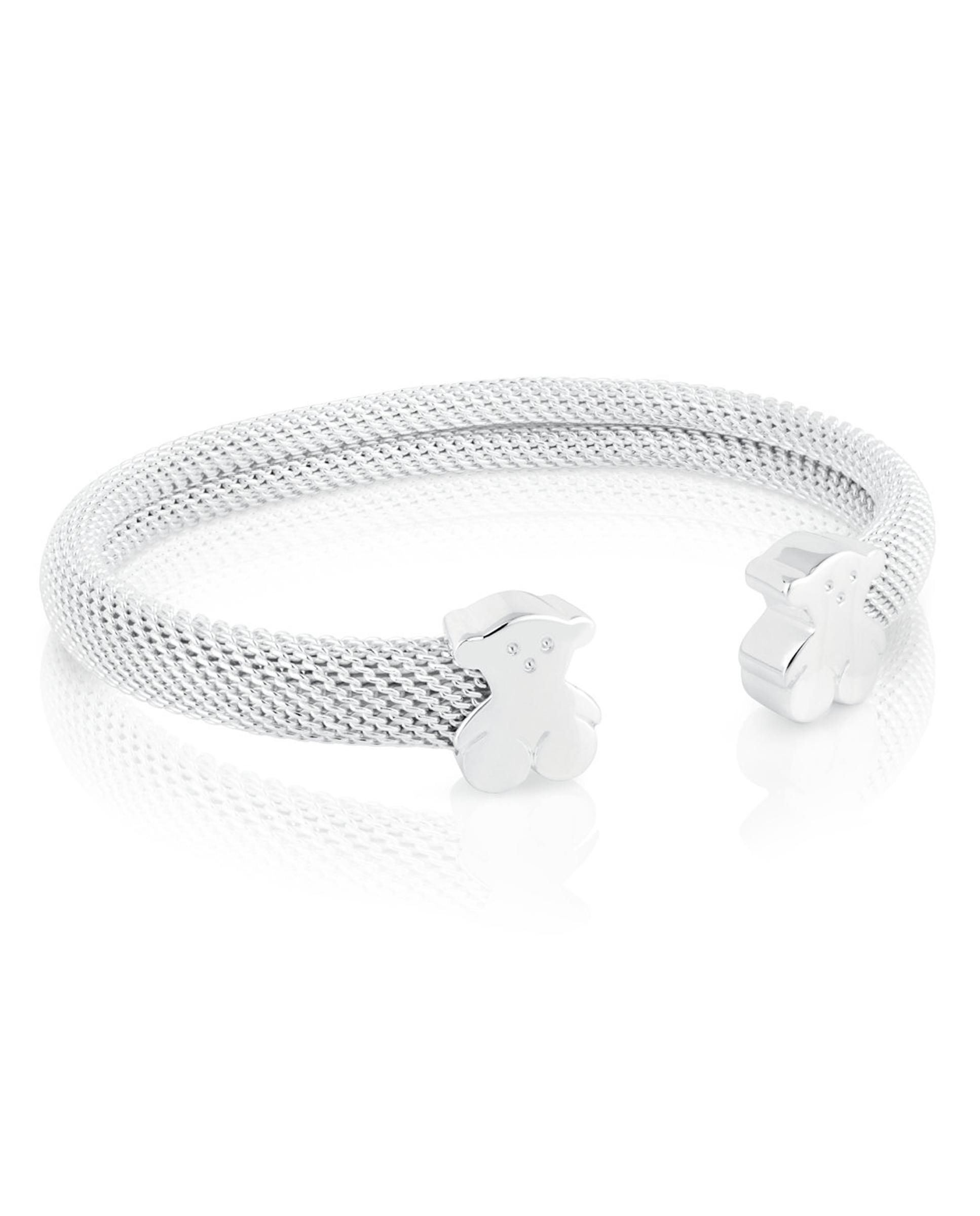 Pulseira Rígida Mesh de Prata com Malha e Urso Prateado-1