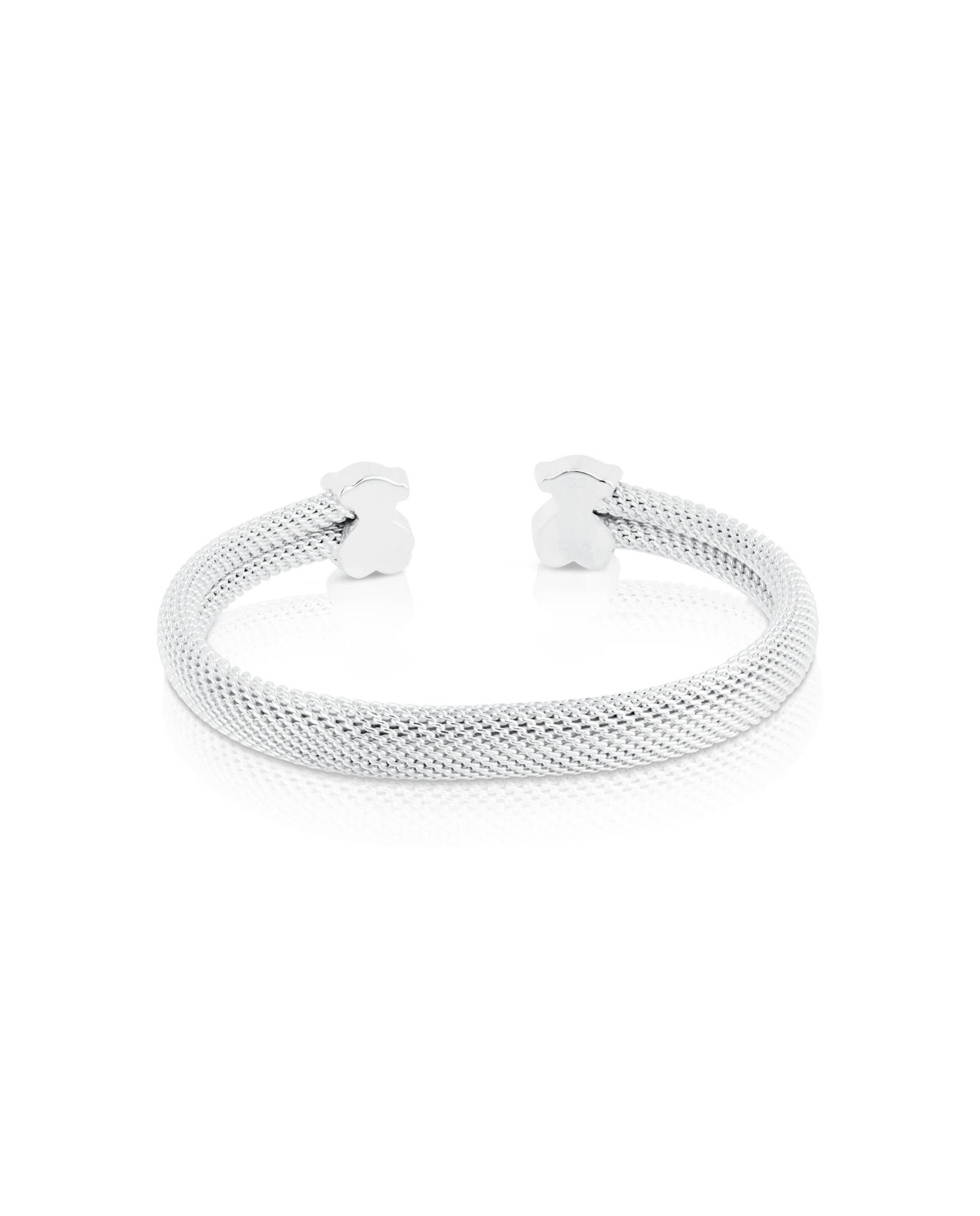 Pulseira Rígida Mesh de Prata com Malha e Urso Prateado-2