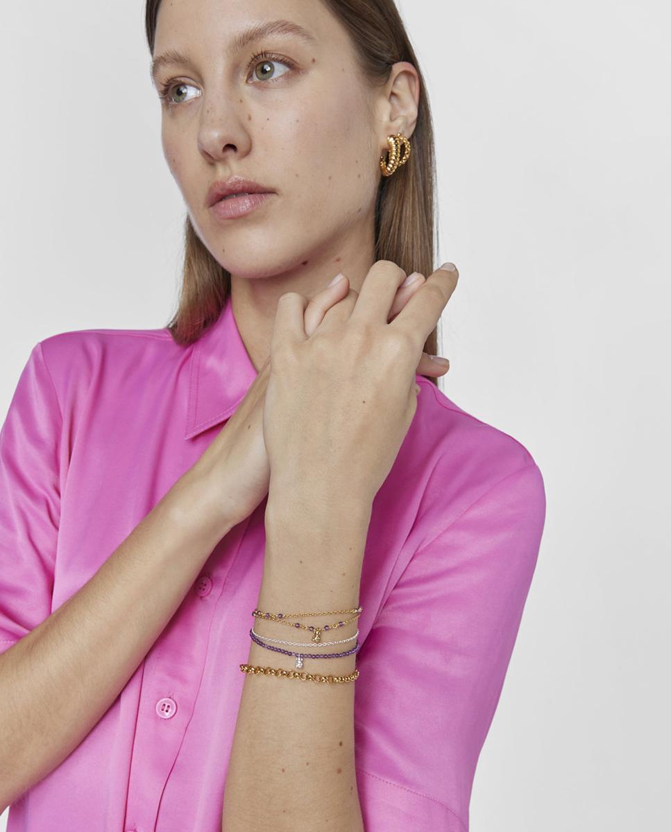 Pulseira de Corrente Bold Bear Banhada a Ouro de 18 Kt Sobre Prata e Ametista Roxo-4