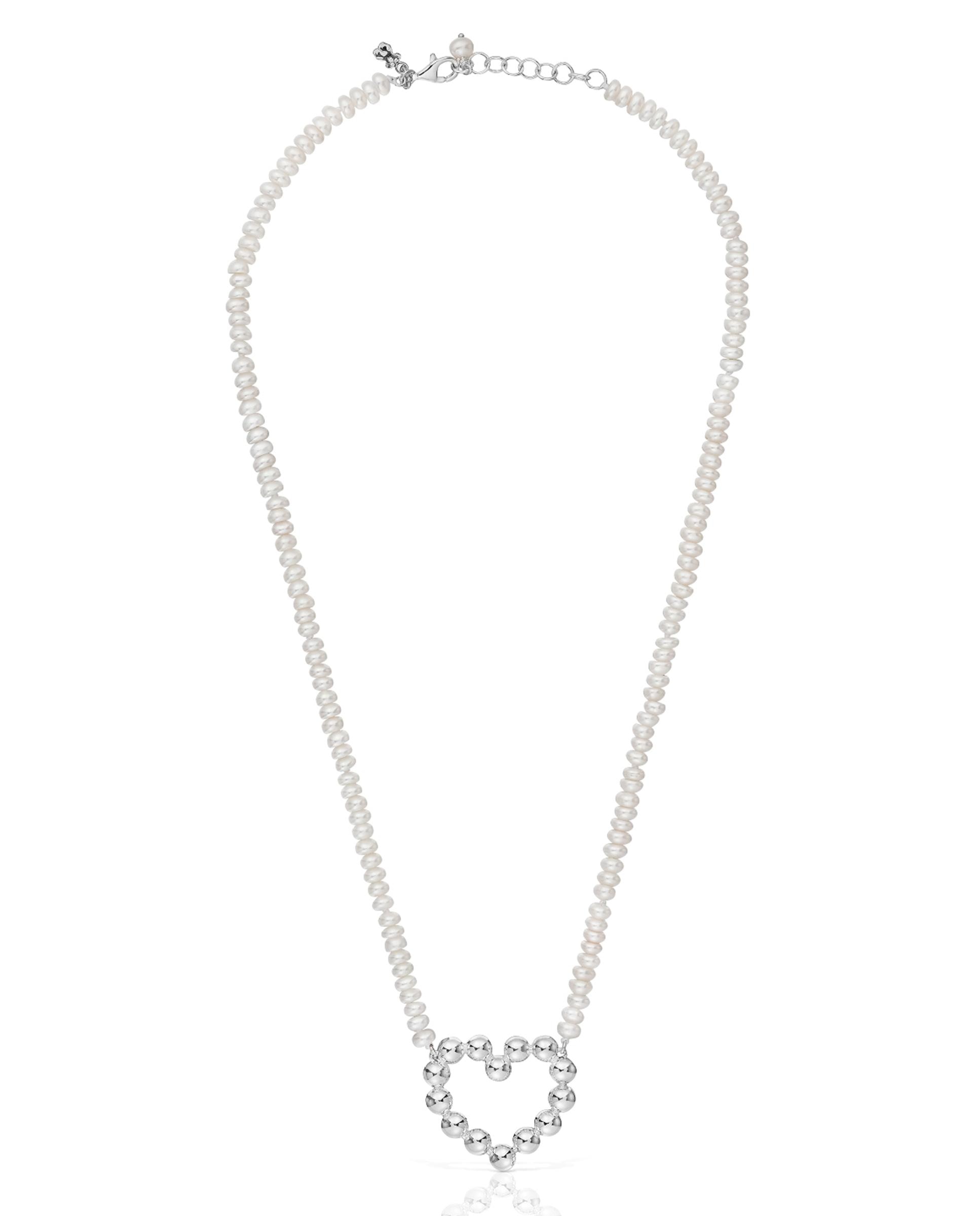 Colar Sugar Party Curto de Prata com Coração e Pérolas Branco-1