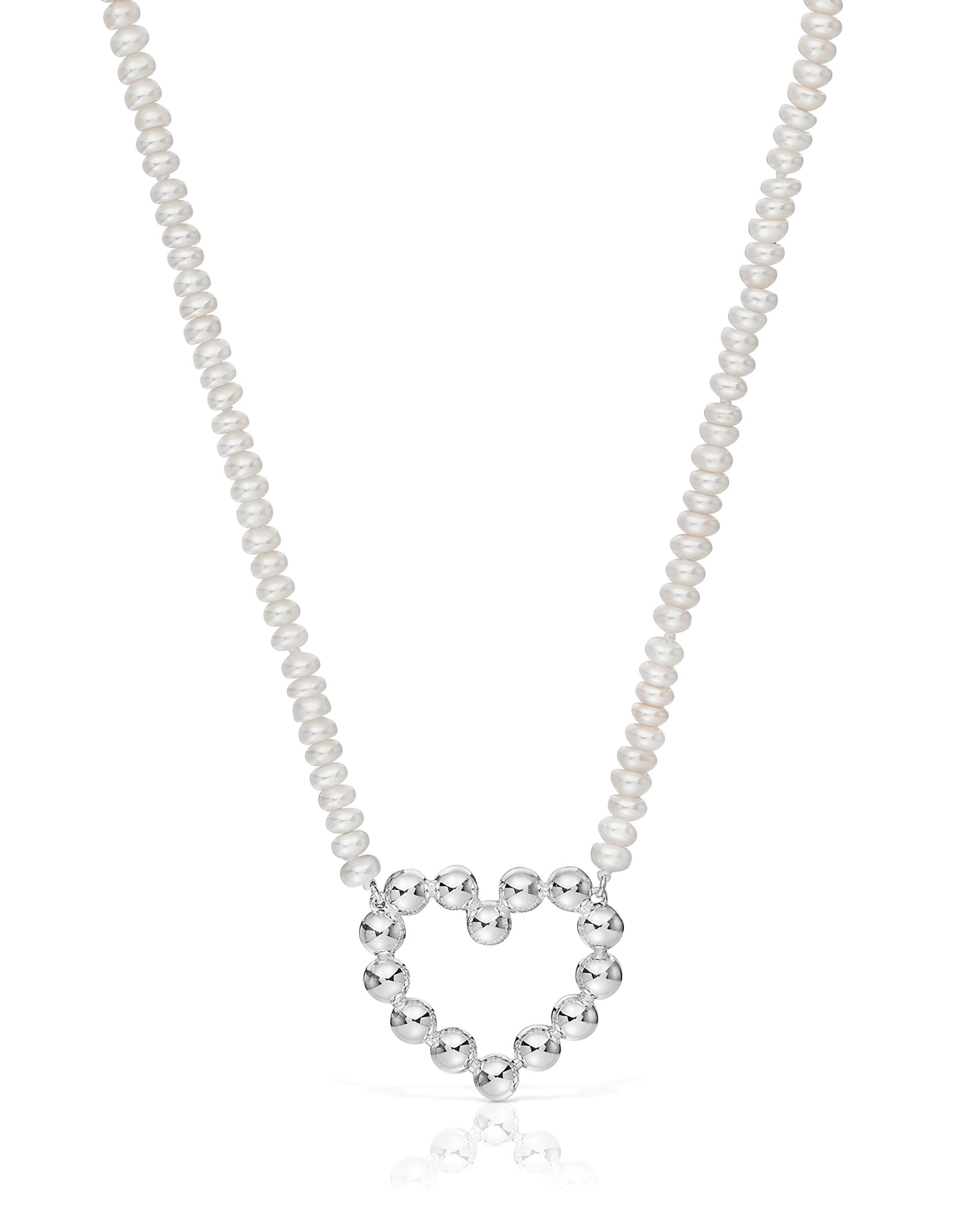 Colar Sugar Party Curto de Prata com Coração e Pérolas Branco-2