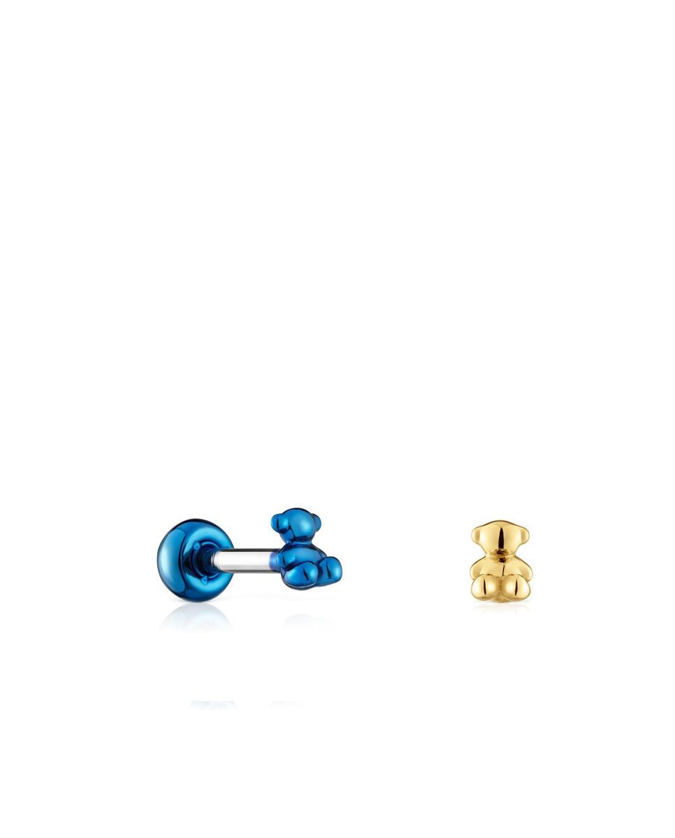 Set de Dois Piercings de Orelha Bold Bear de Aço Ip Dourado e Azul Multicolor-1