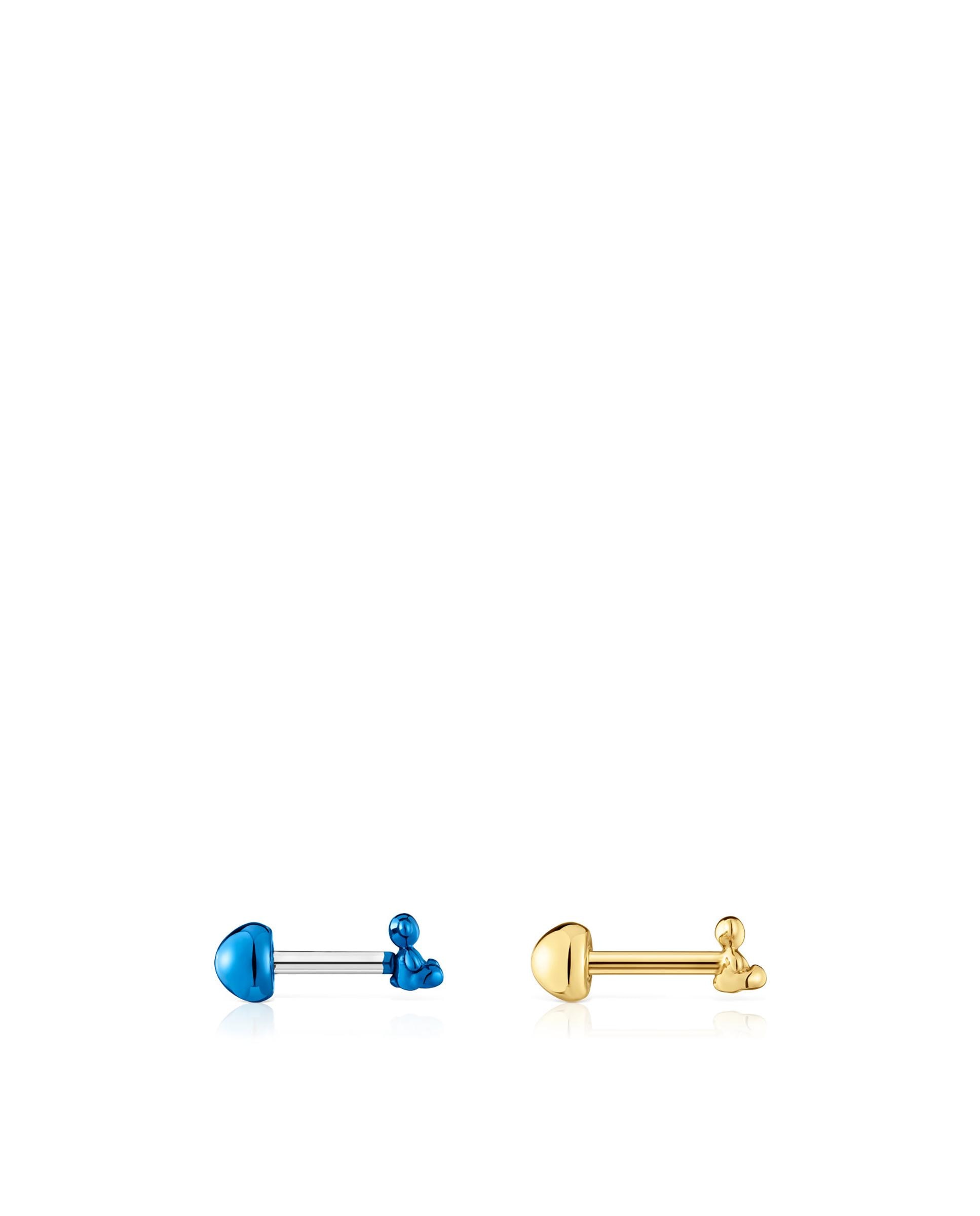 Set de Dois Piercings de Orelha Bold Bear de Aço Ip Dourado e Azul Multicolor-2