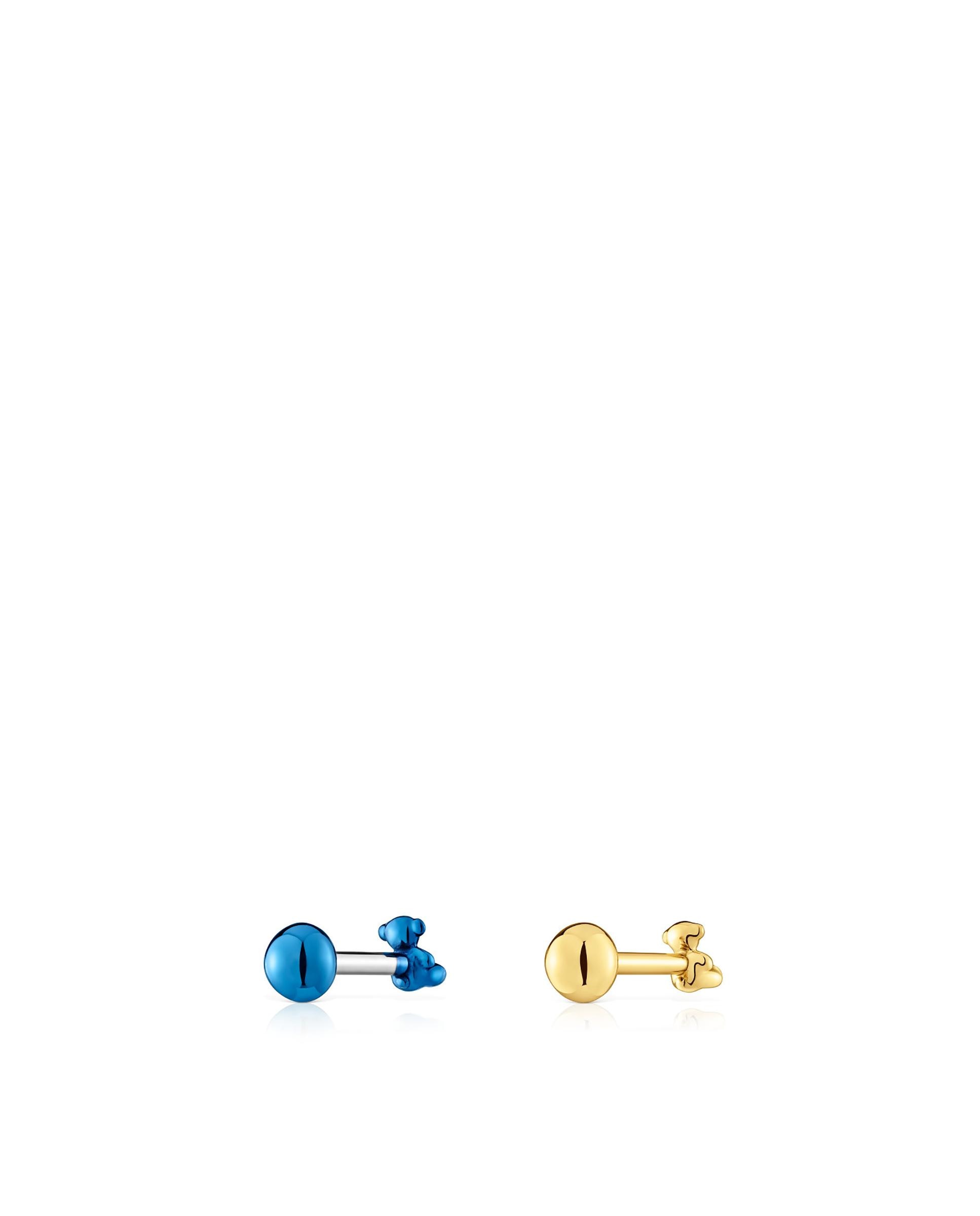 Set de Dois Piercings de Orelha Bold Bear de Aço Ip Dourado e Azul Multicolor-3