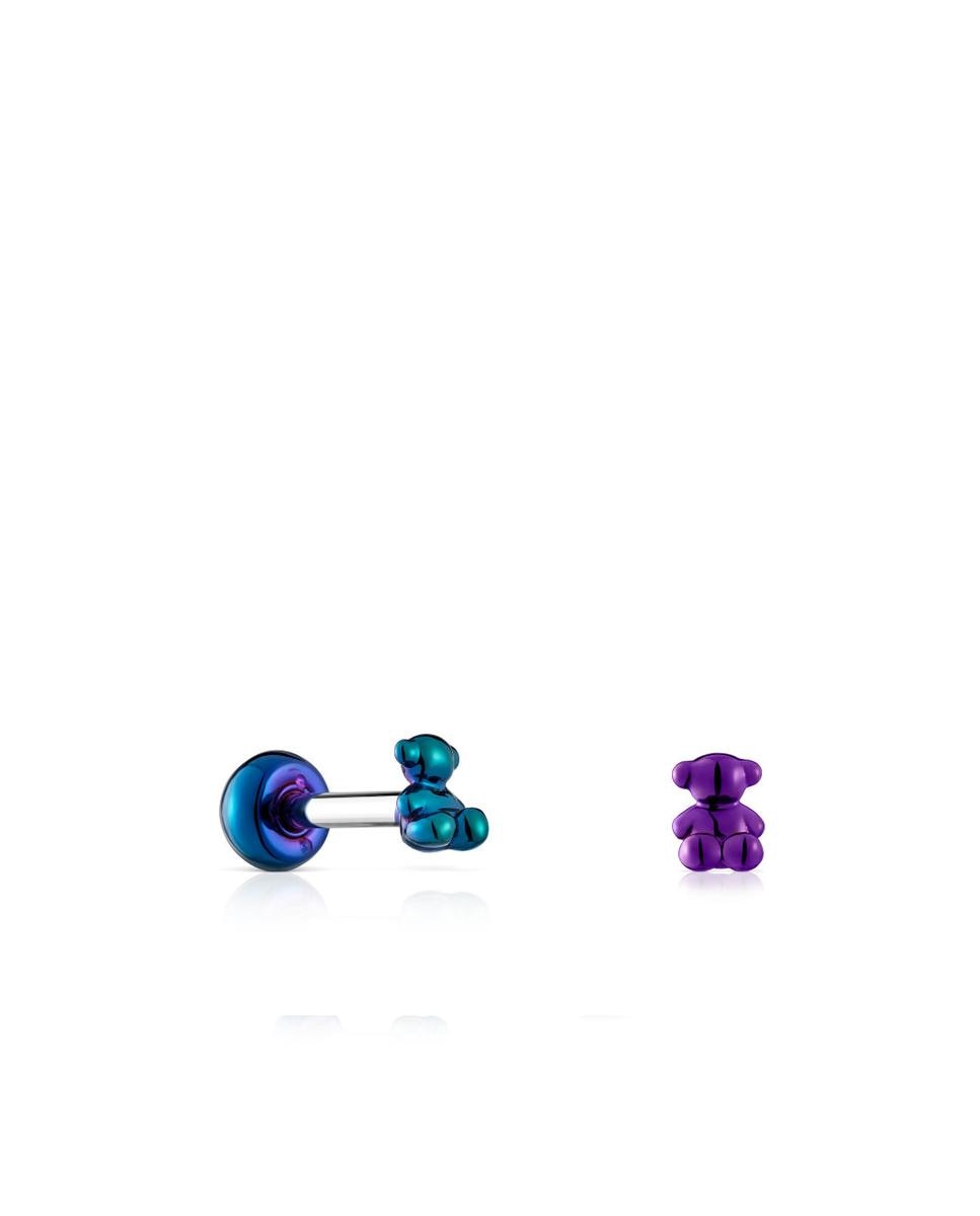 Set de Dois Piercings de Orelha Bold Bear de Aço Ip Lilás e Verde Multicolor-1