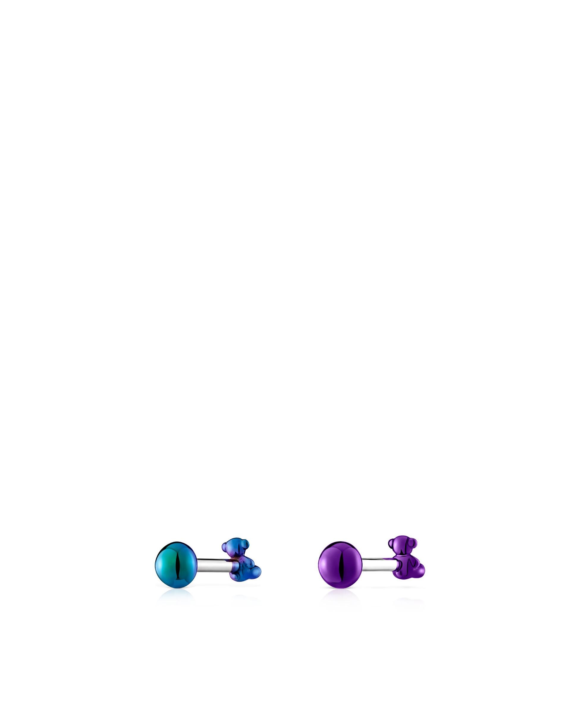 Set de Dois Piercings de Orelha Bold Bear de Aço Ip Lilás e Verde Multicolor-3