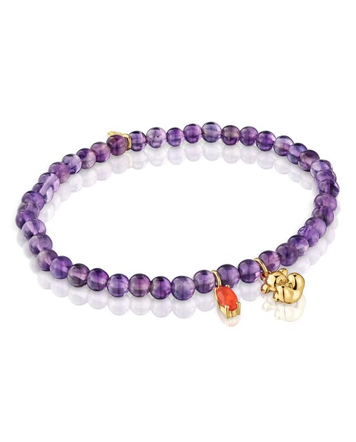 Imagem 0 de Pulseira Bold Bear Elástica com Banho de Ouro sobre Prata com Ametista e Cornalina