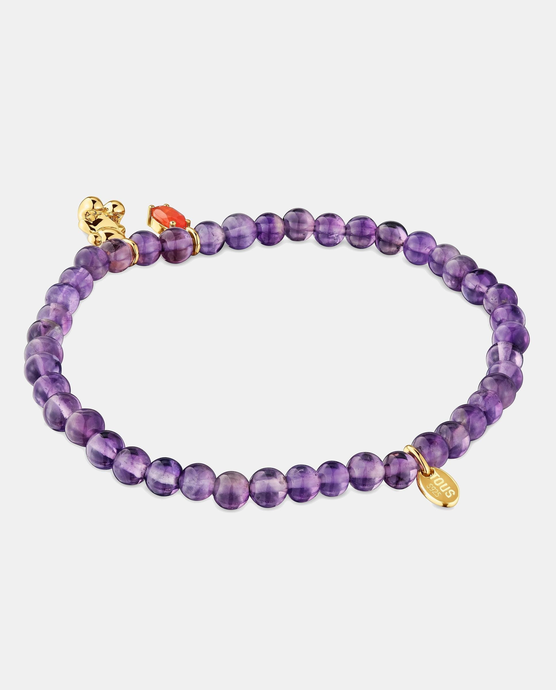 Pulseira Bold Bear Elástica Banhada em Ouro Sobre Prata com Ametista e Cornalina Roxo-2