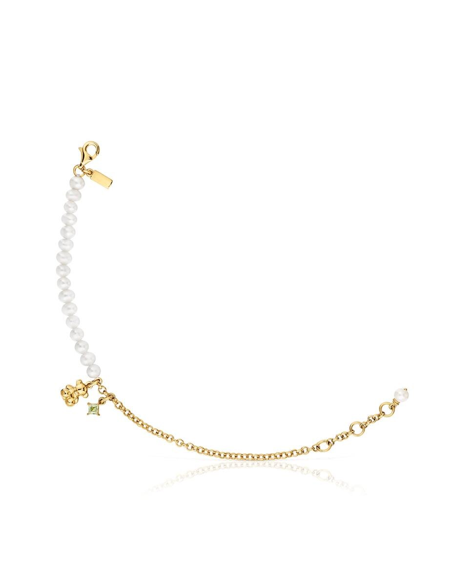 Pulseira Bold Bear Corrente com Urso com Banho de Ouro sobre Prata com Pérolas e Peridoto Verde-1