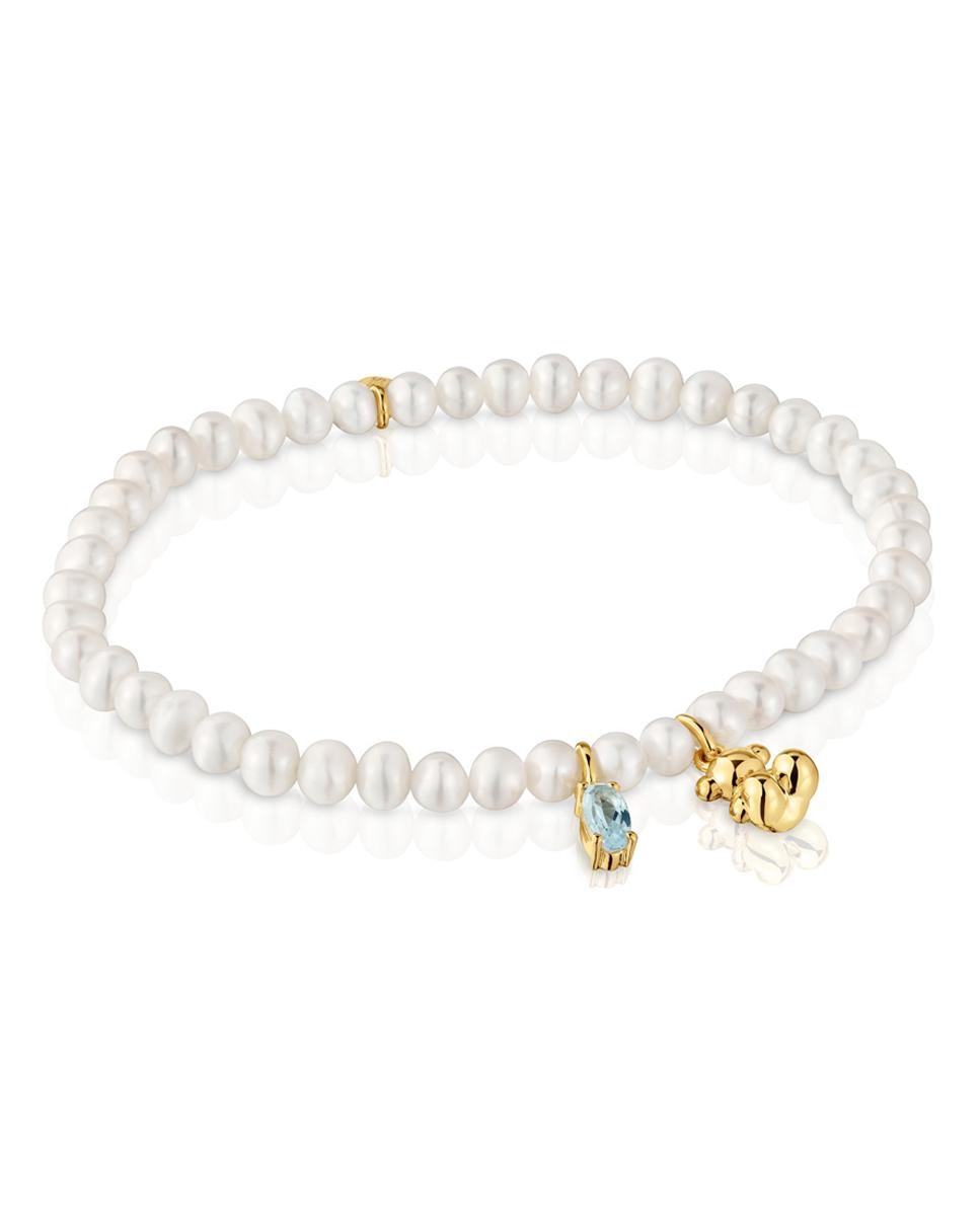 Pulseira Bold Bear Elástica com Banho de Ouro sobre Prata com Pérola e Topázio Azul-1