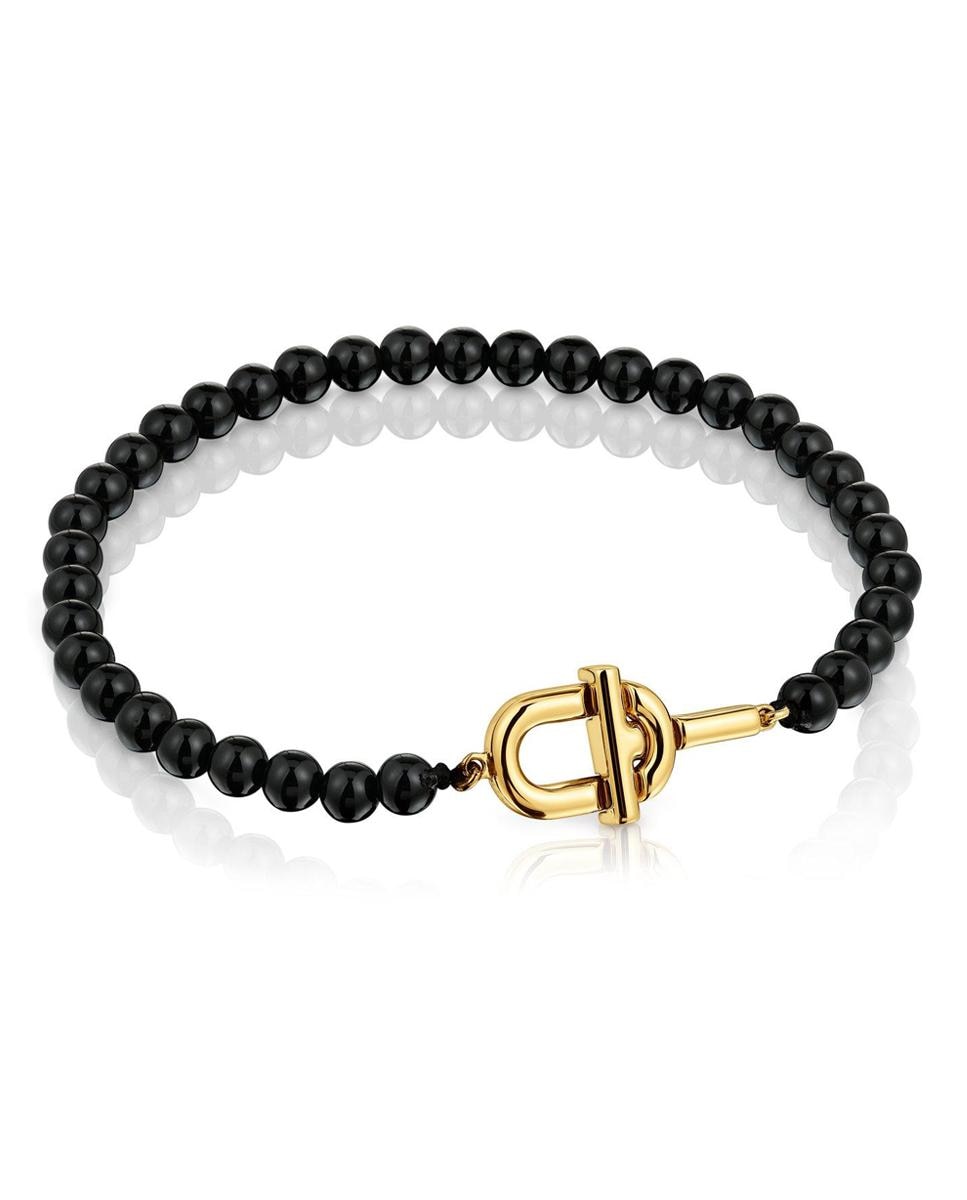 Pulseira de Corrente Manifesto Banhada a Ouro 18 Kt Sobre Prata e Ónix Preto / Amarelo-1