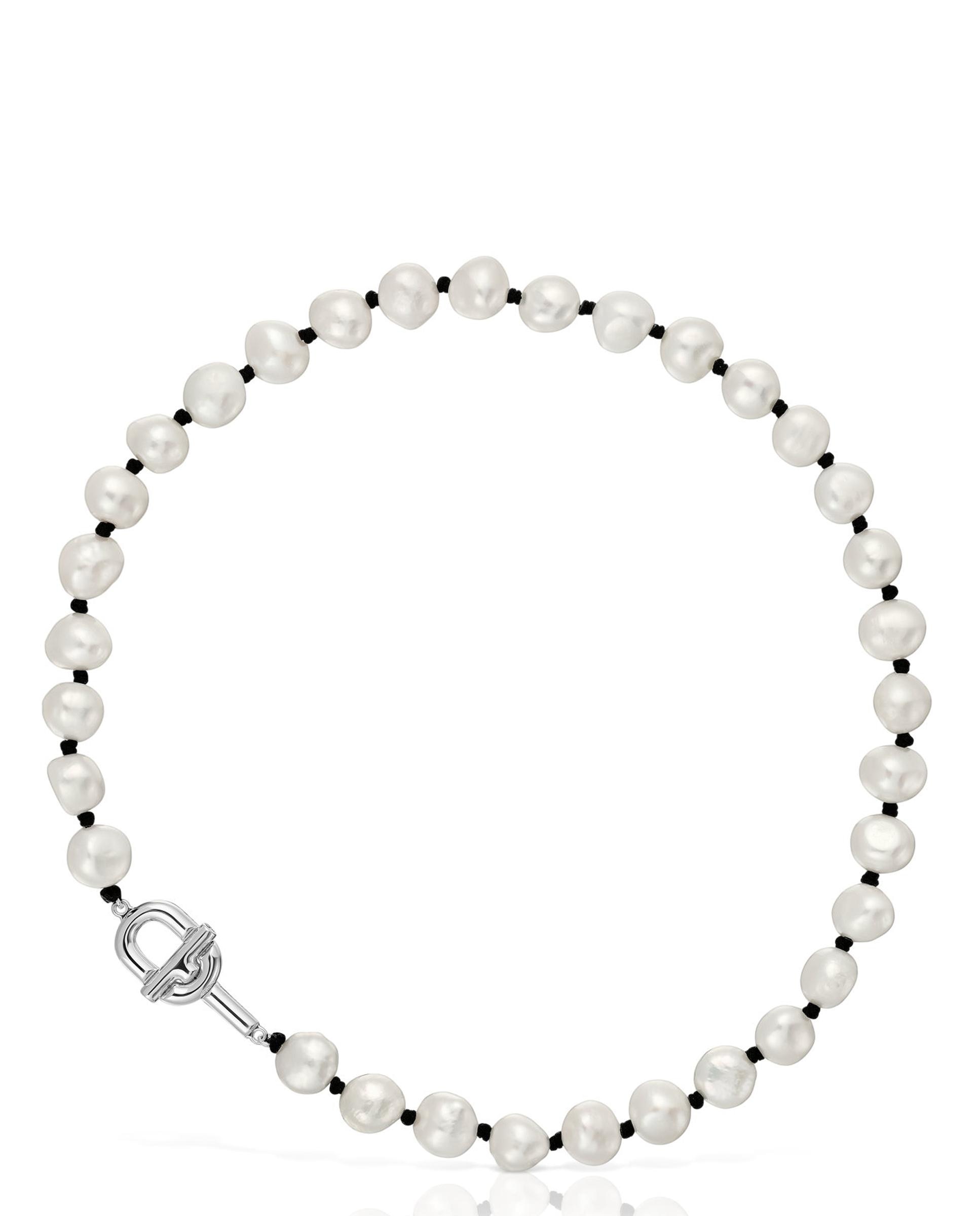 Colar Manifesto de Nylon em Preto com Pérolas Branco-1