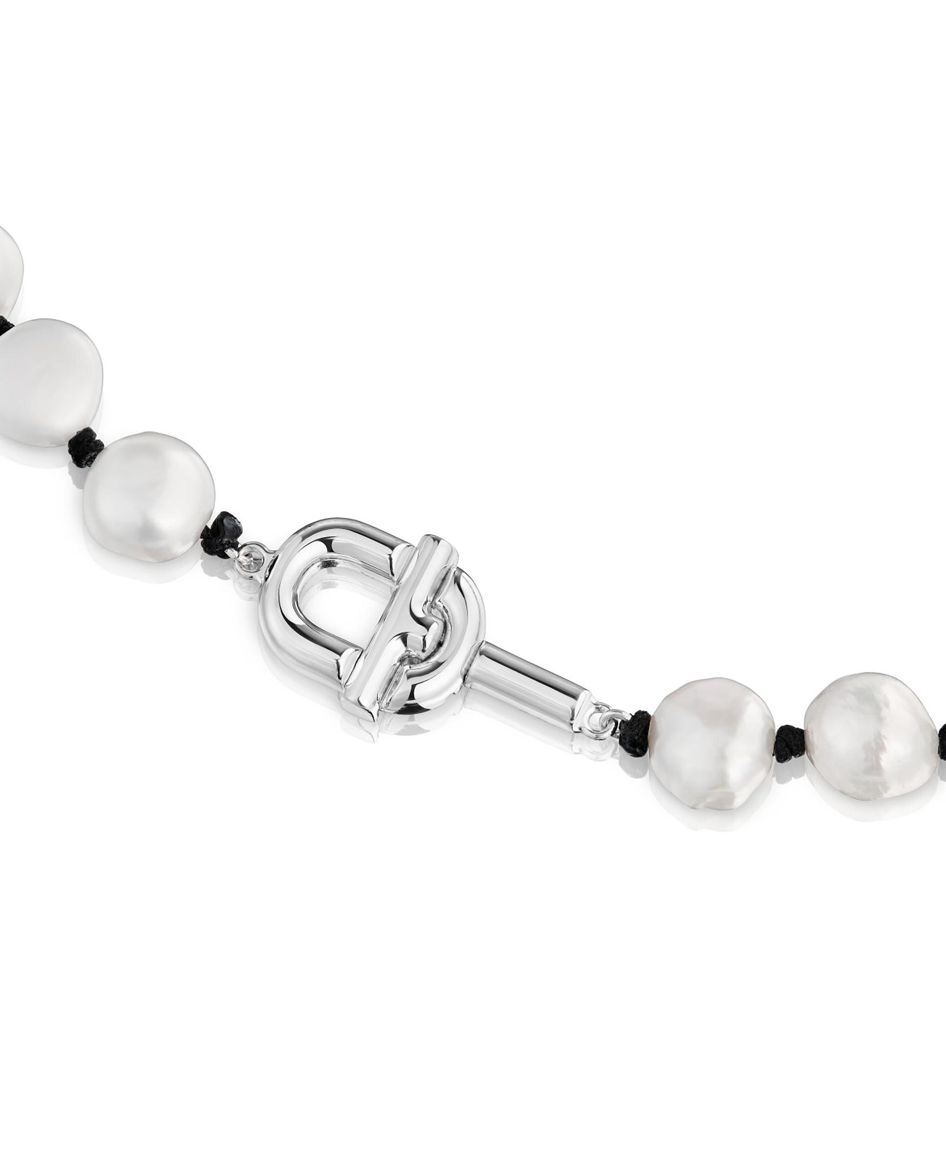 Colar Manifesto de Nylon em Preto com Pérolas Branco-2