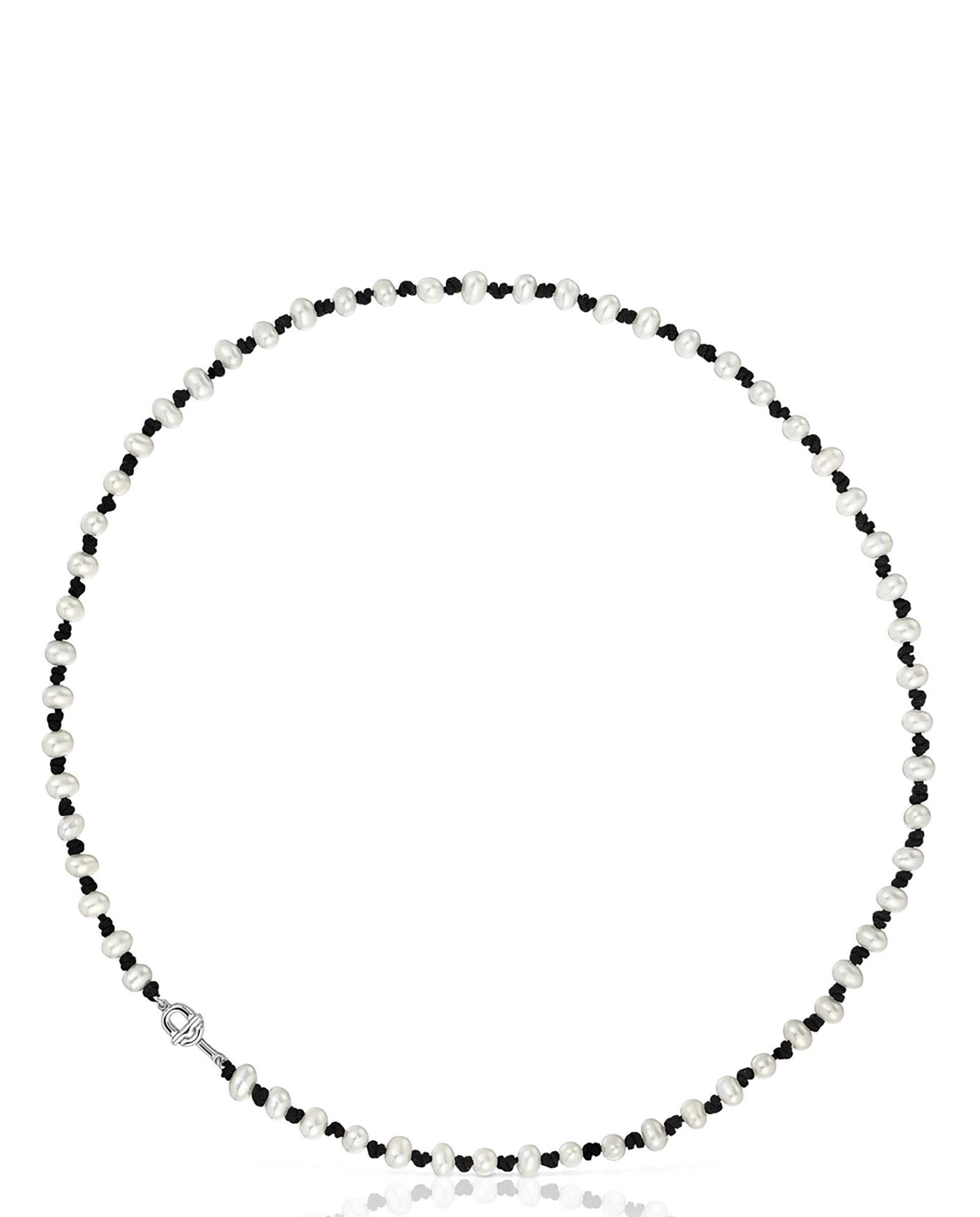 Colar Manifesto de Nylon em Preto com Pérolas Branco-1