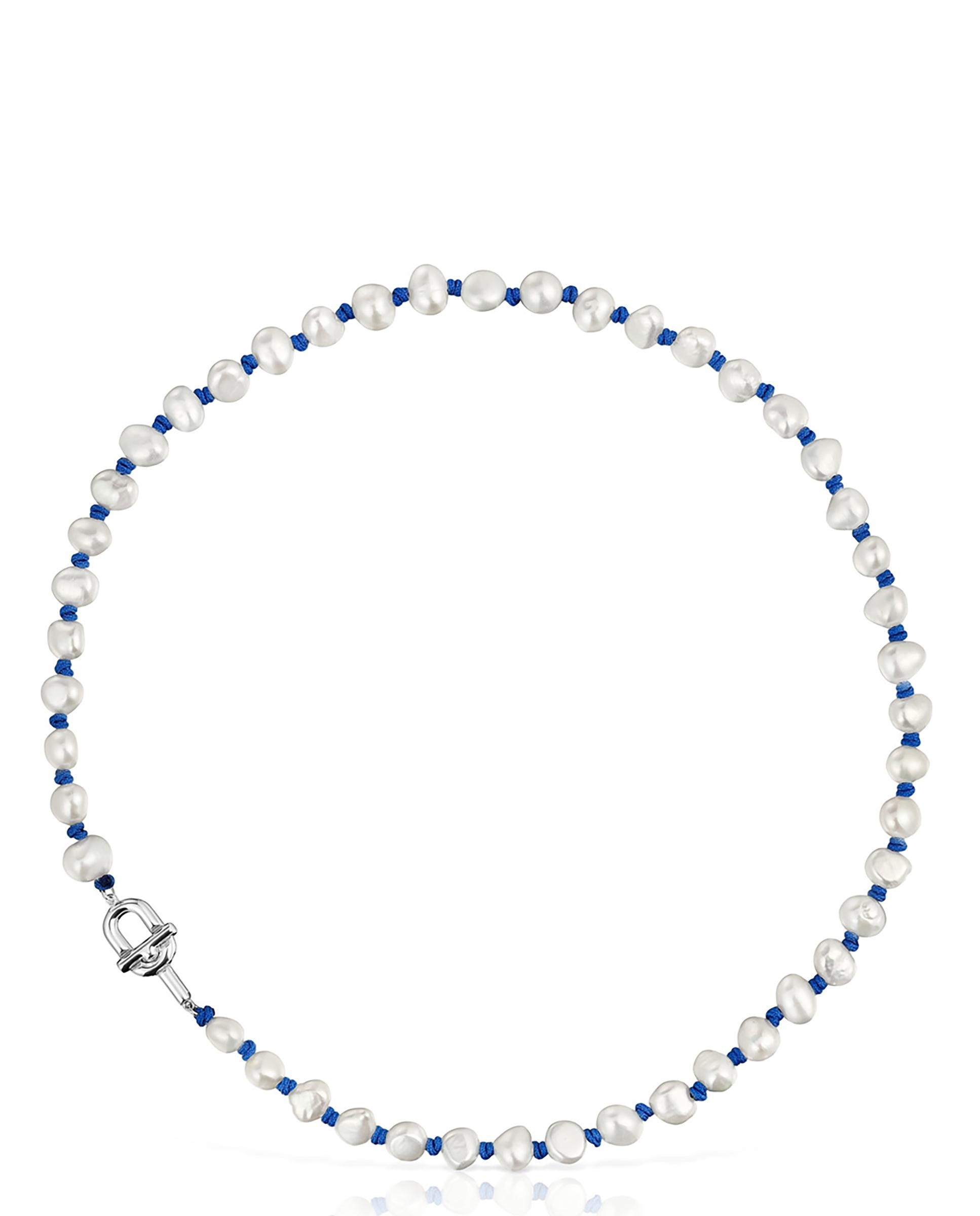 Colar Manifesto de Nylon Azul com Prata e Pérolas Branco-1