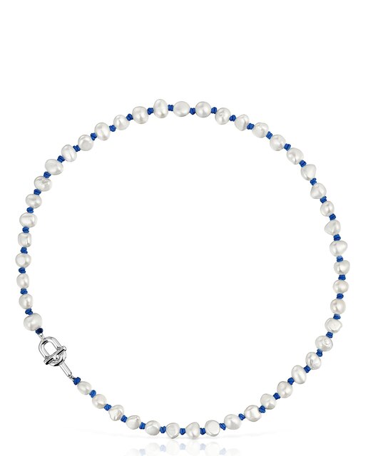 Colar Manifesto de Nylon Azul com Prata e Pérolas