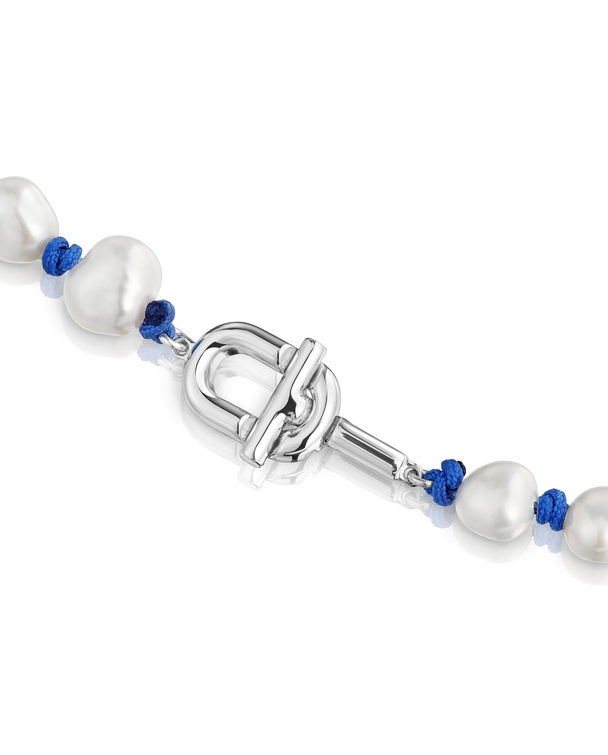 Colar Manifesto de Nylon Azul com Prata e Pérolas Branco-2