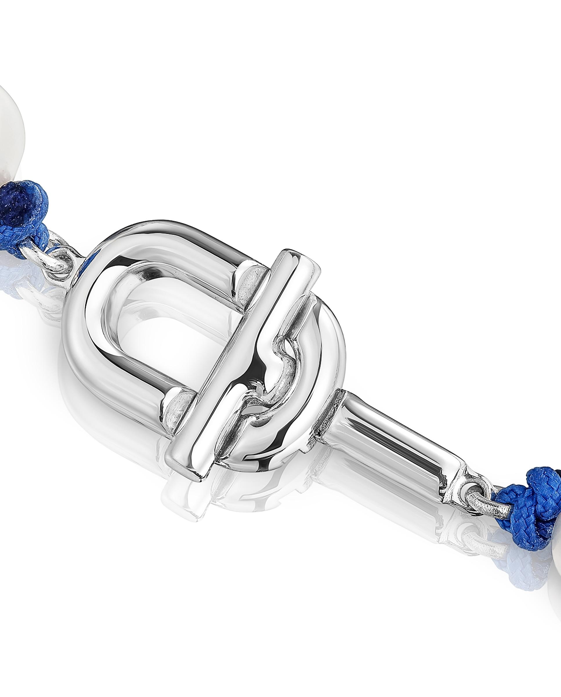 Colar Manifesto de Nylon Azul com Prata e Pérolas Branco-3